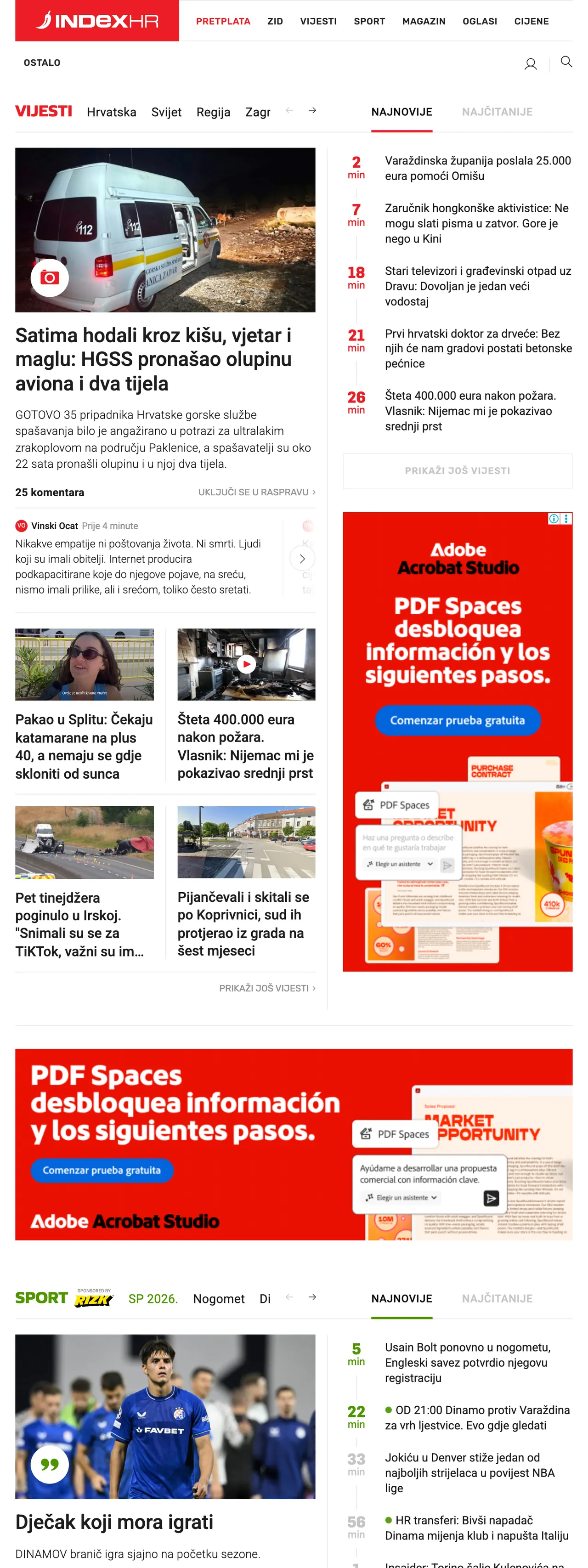 Screenshot of the Index.hr front page