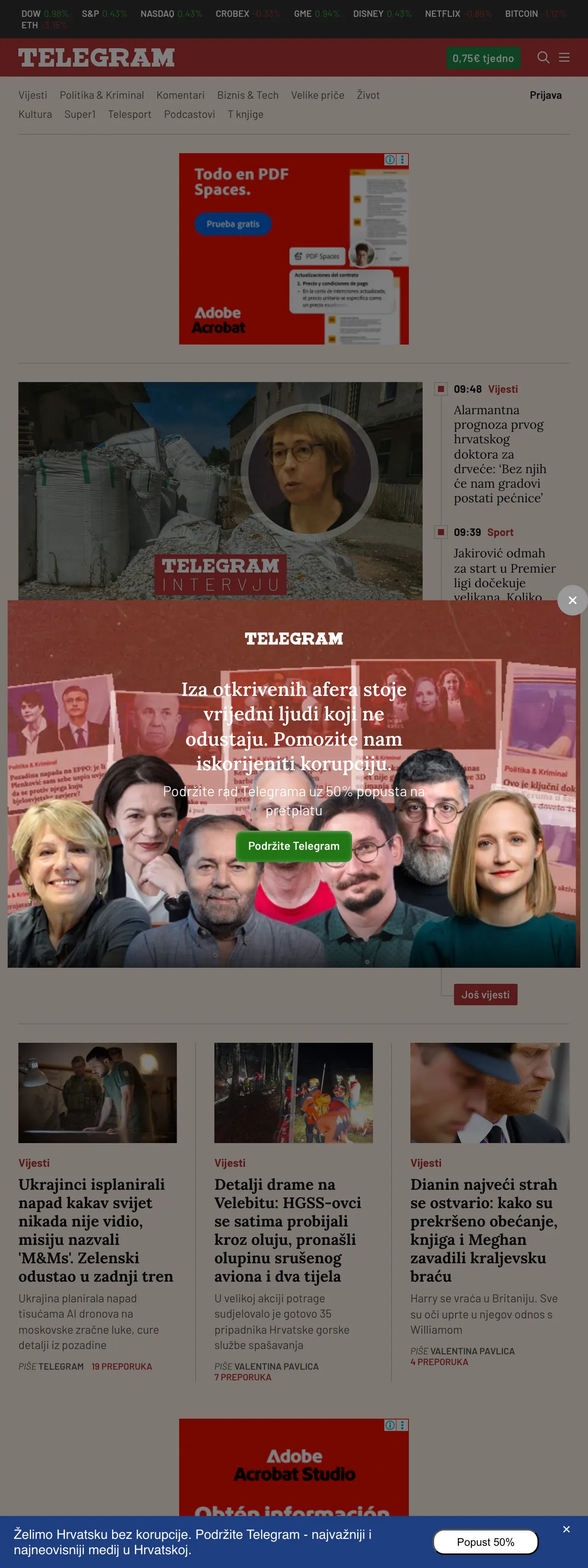 Screenshot of the Telegram.hr front page