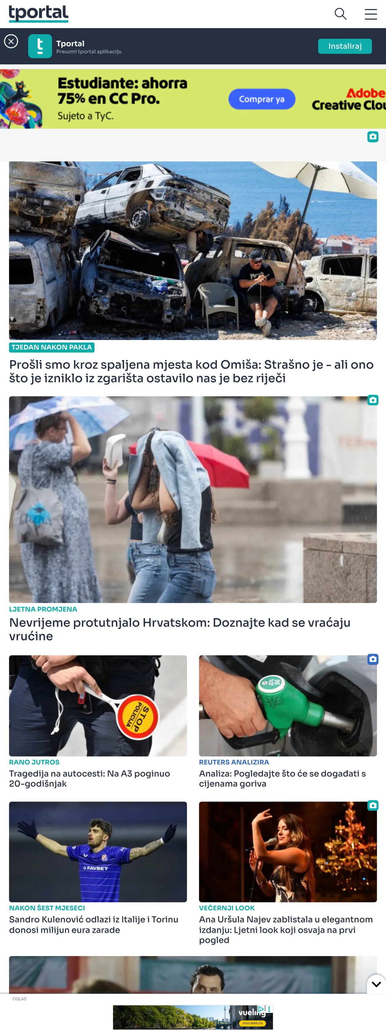 Screenshot of the tportal front page