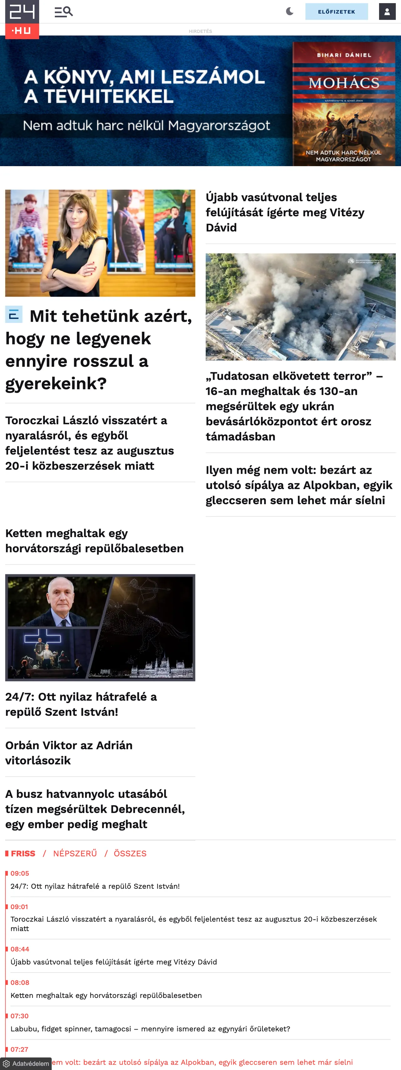 Screenshot of the 24.hu front page