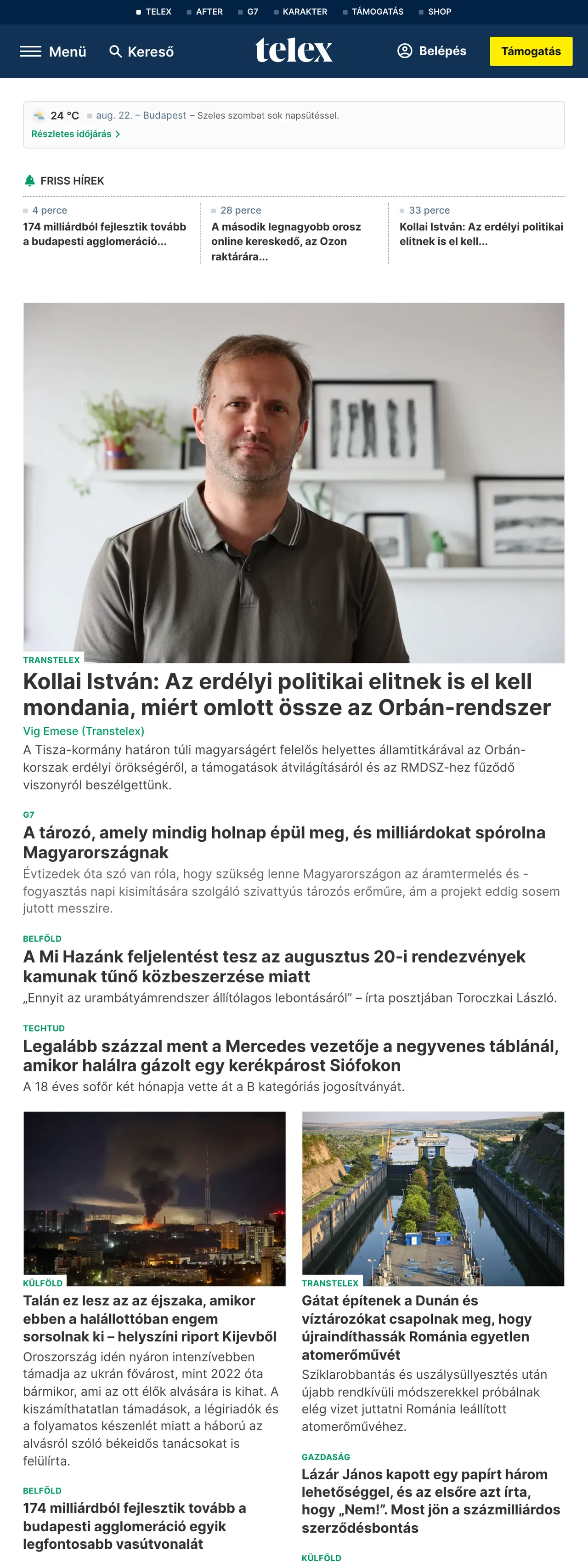 Screenshot of the Telex front page