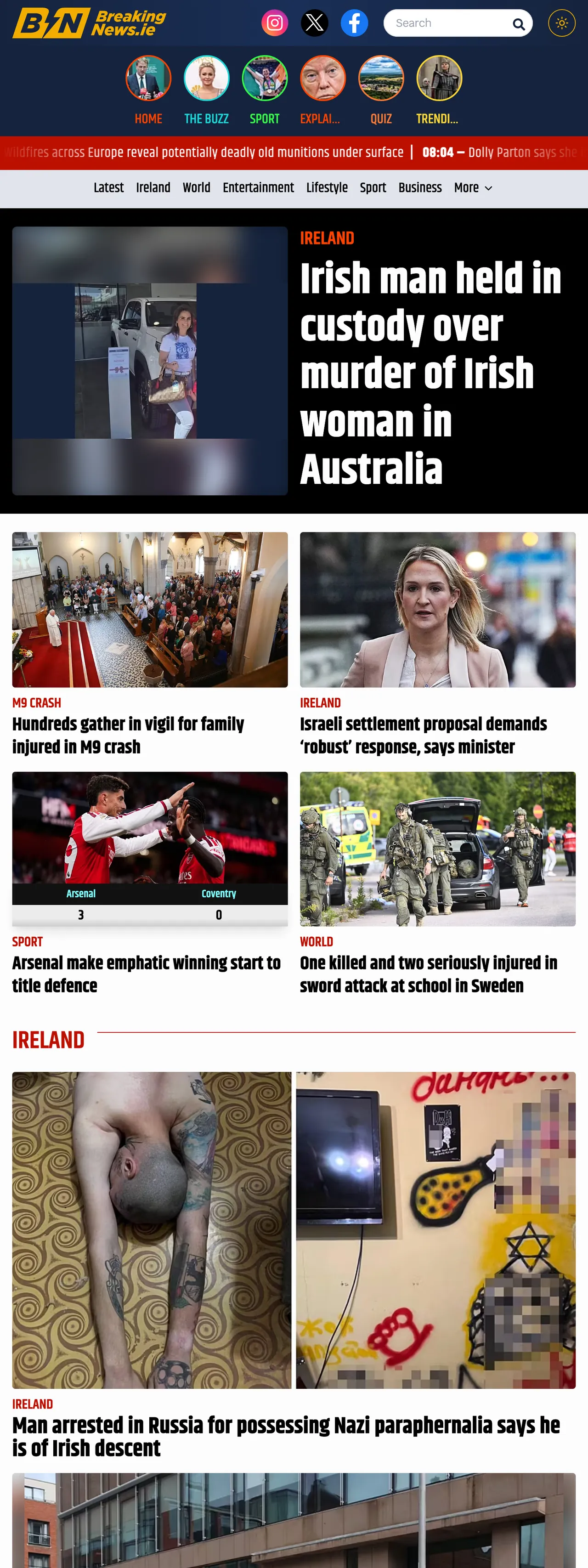 Screenshot of the BreakingNews.ie front page