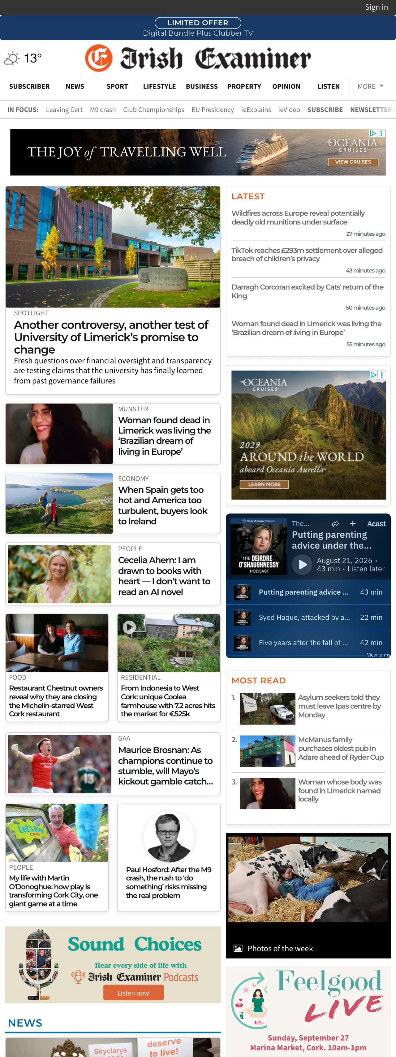Screenshot of the Irish Examiner front page