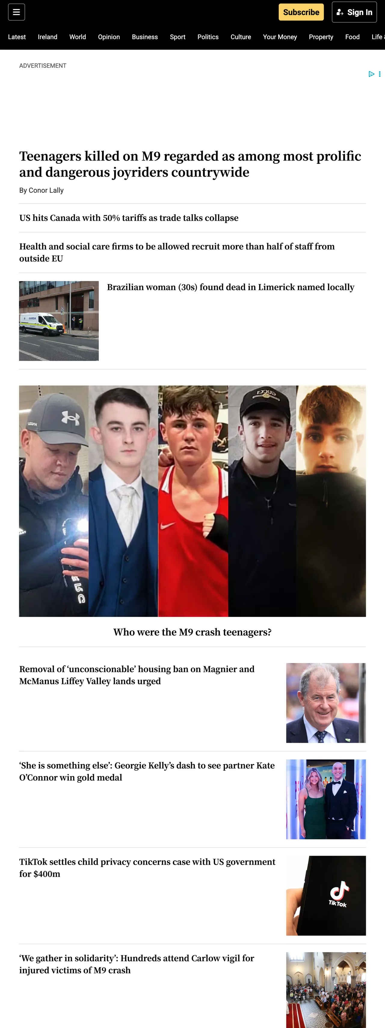 Screenshot of the The Irish Times front page