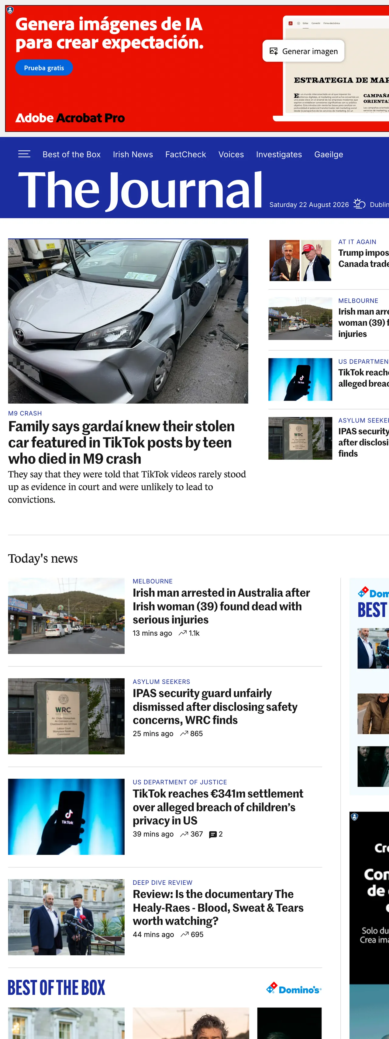 Screenshot of the TheJournal.ie front page