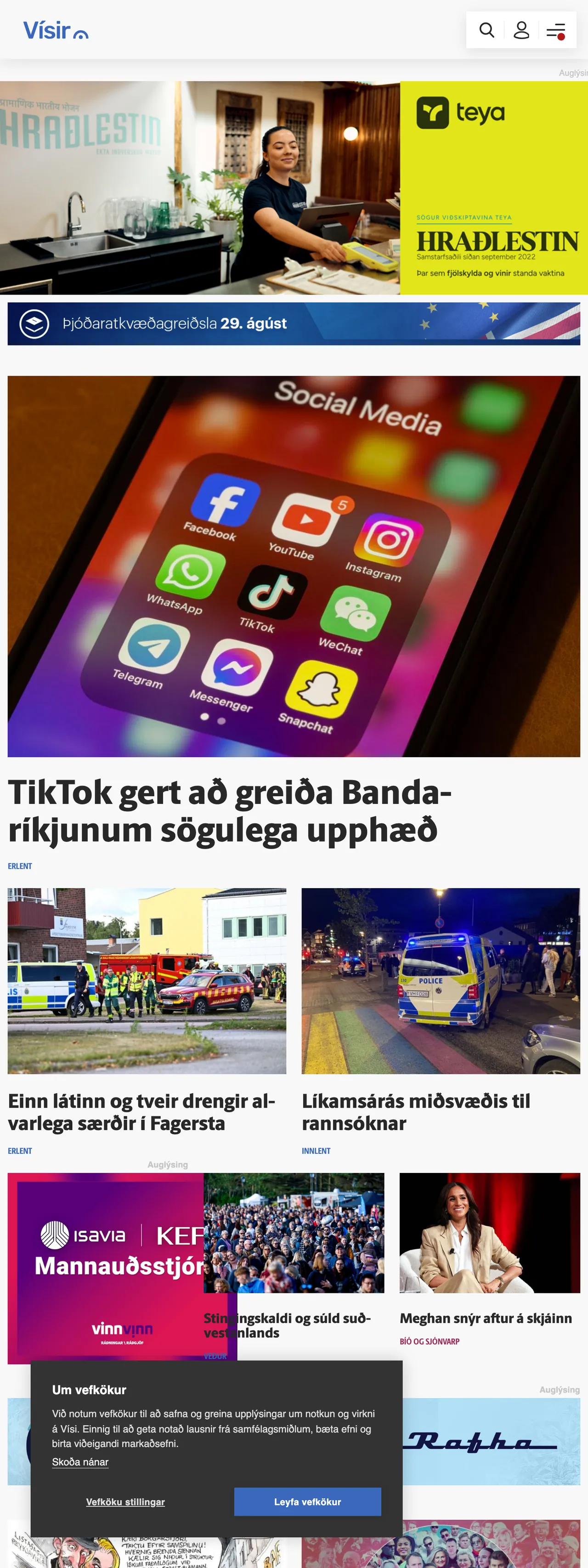 Screenshot of the Vísir front page