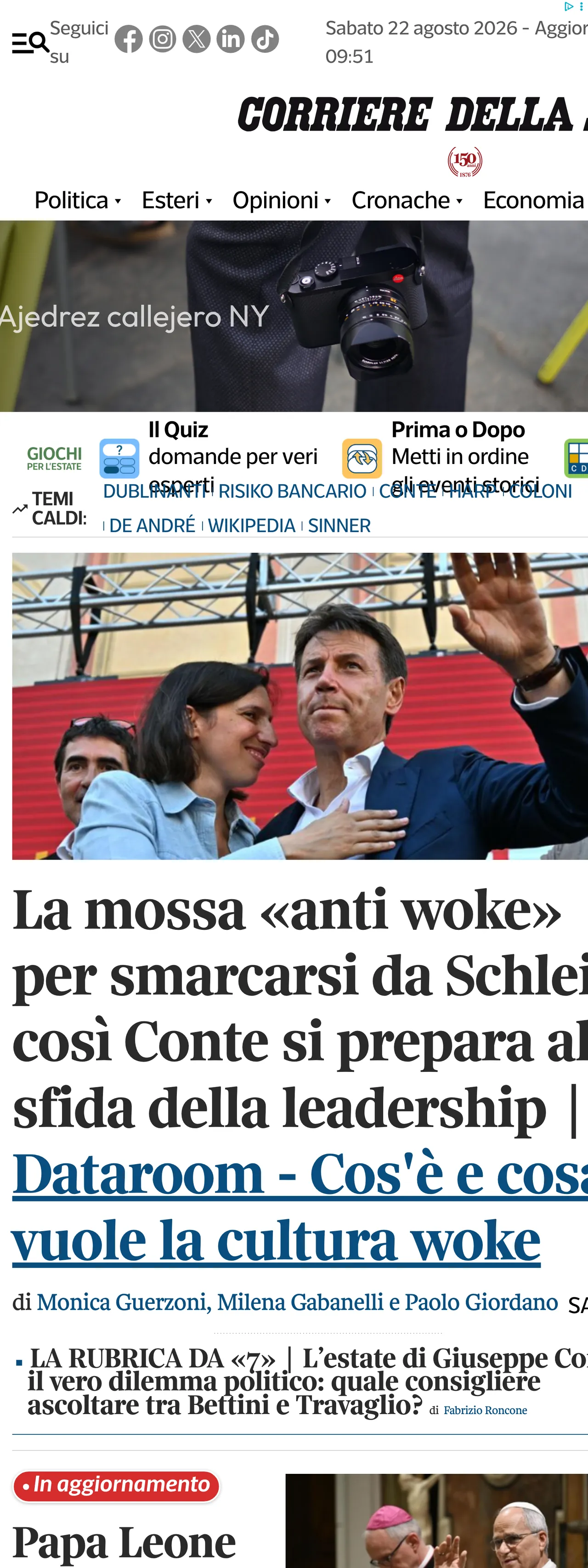 Screenshot of the Corriere della Sera front page