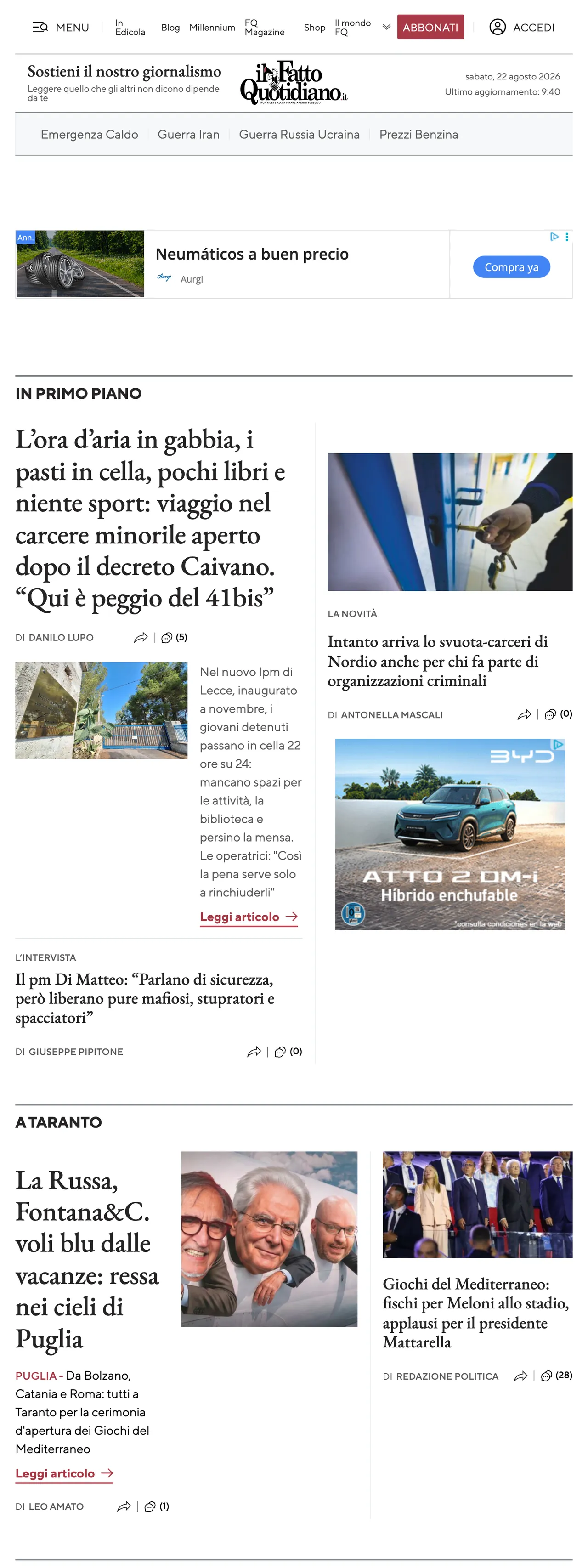 Screenshot of the Il Fatto Quotidiano front page