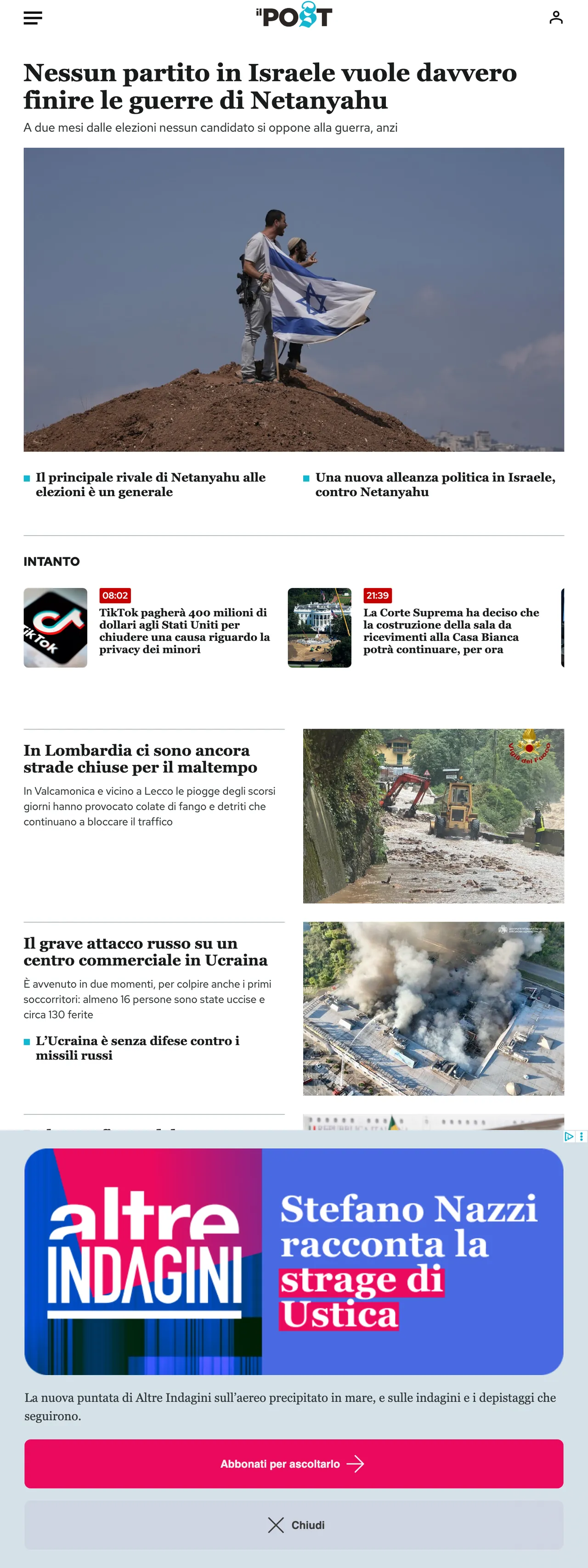 Screenshot of the Il Post front page