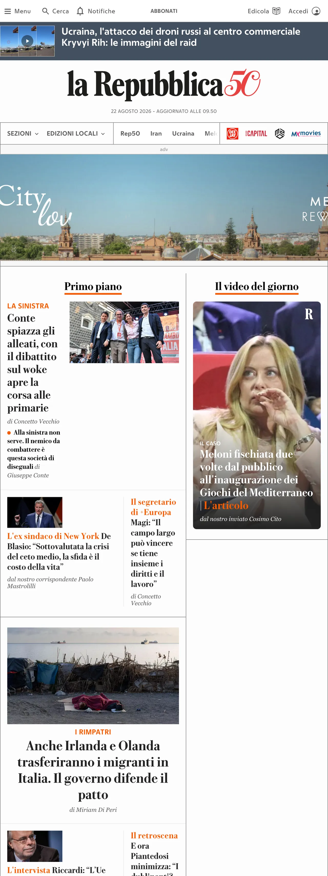 Screenshot of the la Repubblica front page
