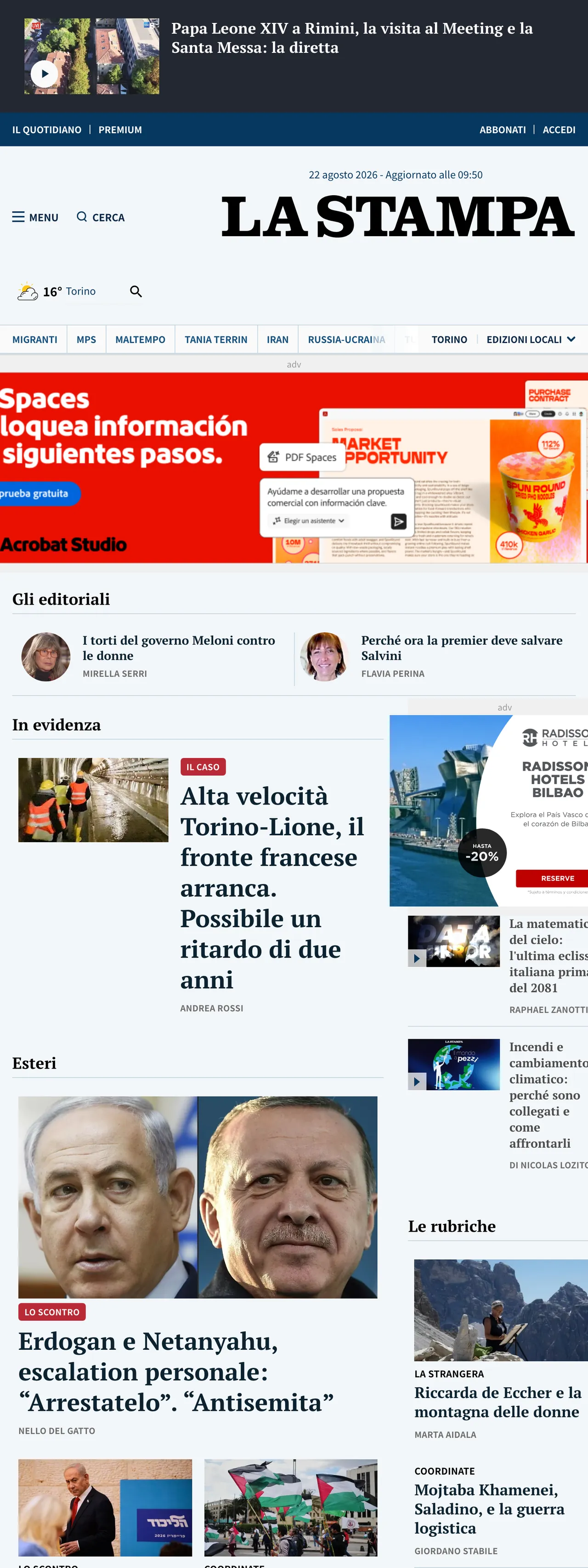 Screenshot of the La Stampa front page