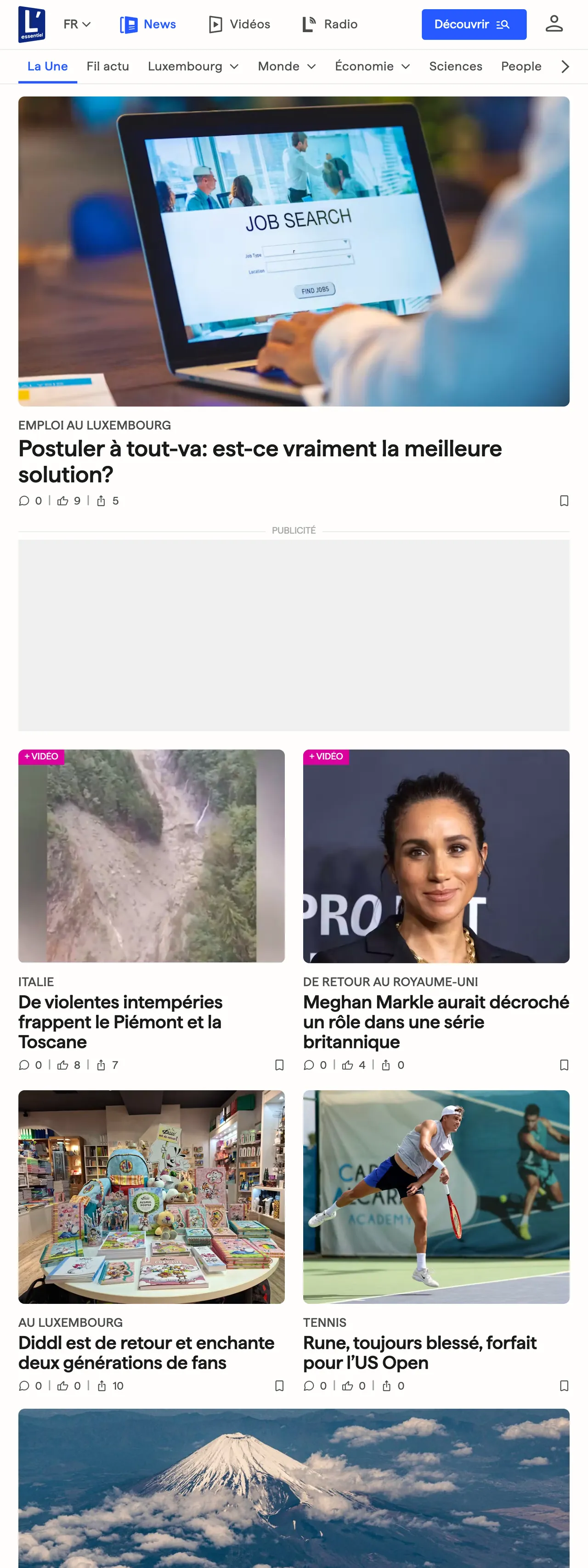 Screenshot of the L'essentiel front page