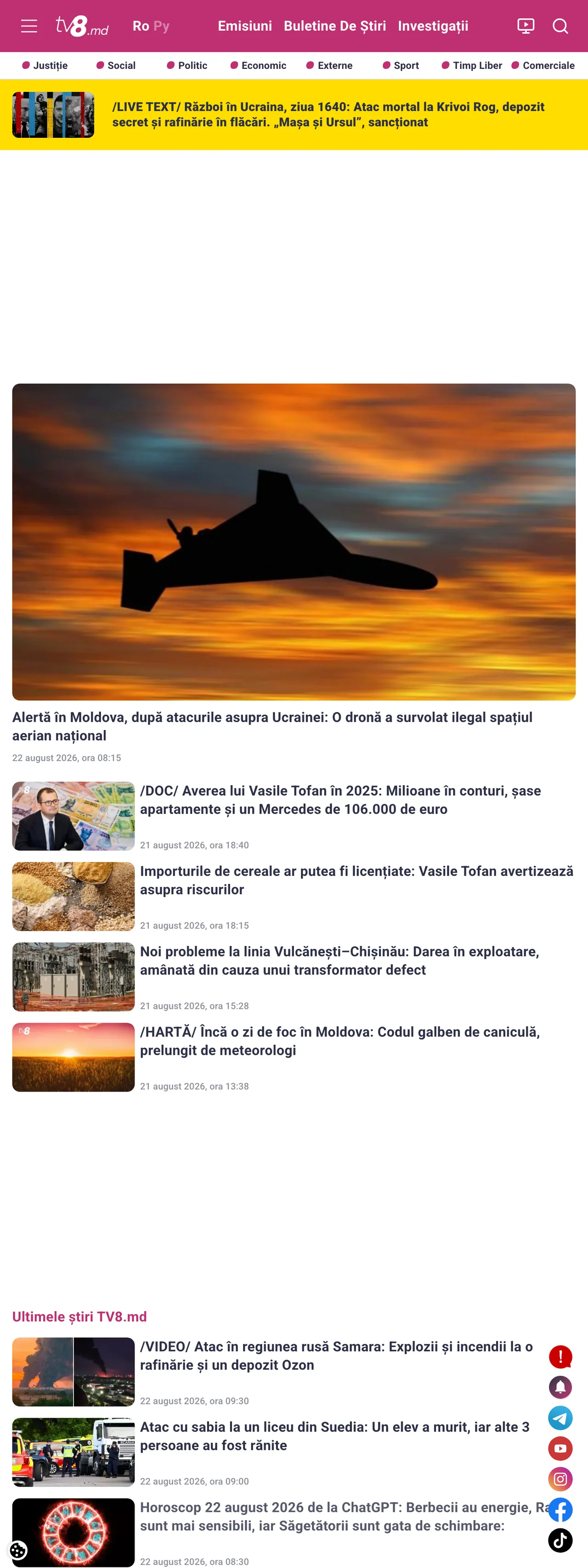 Screenshot of the TV8 front page