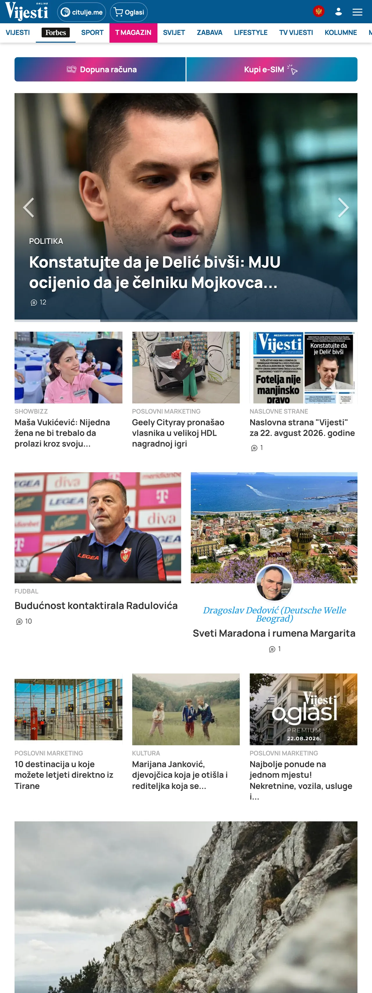Screenshot of the Vijesti front page