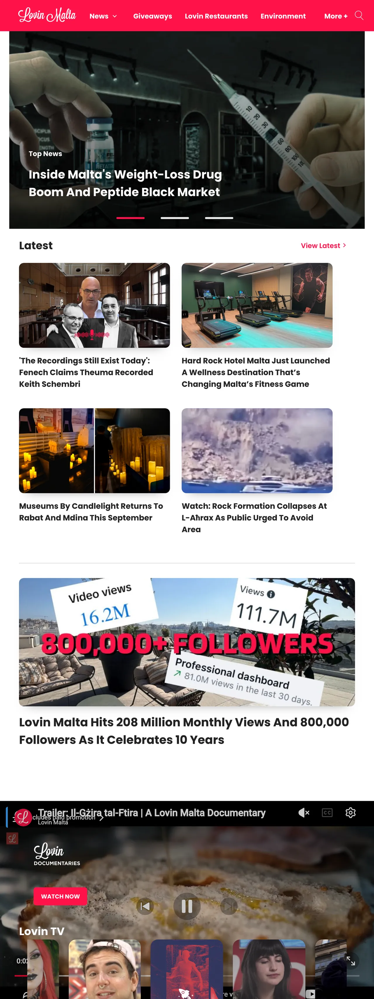 Screenshot of the Lovin Malta front page