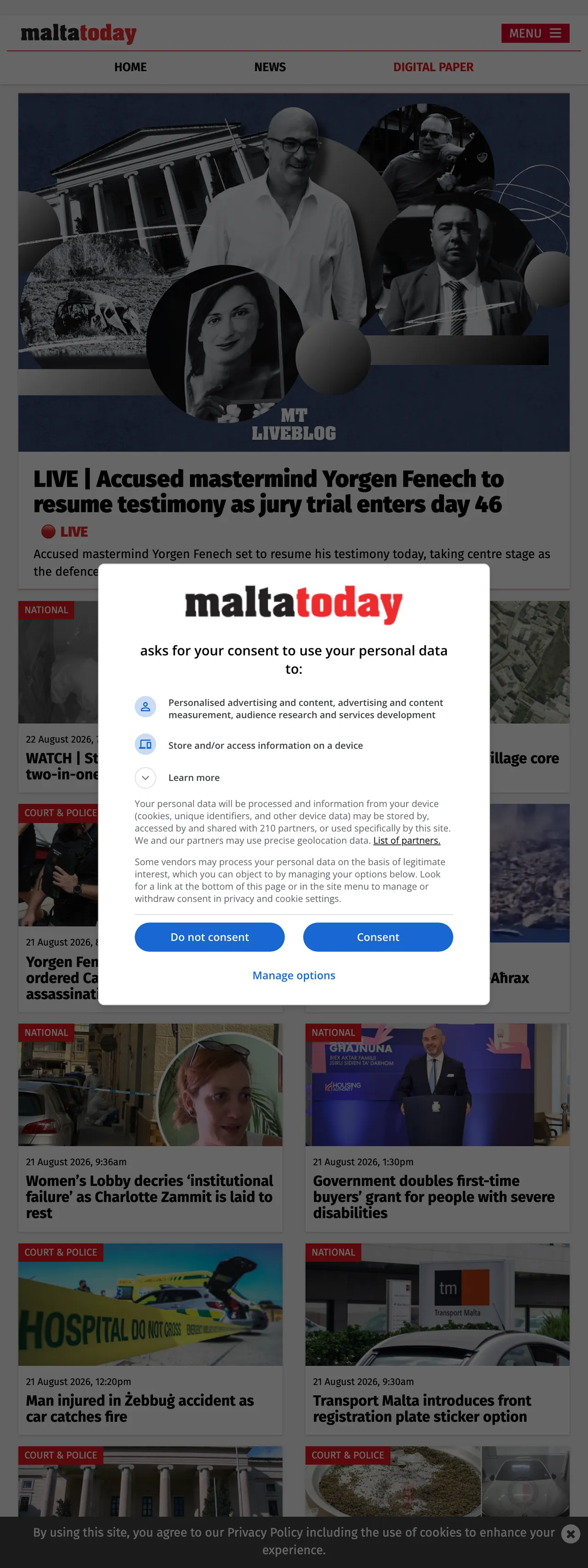 Screenshot of the Malta Today front page