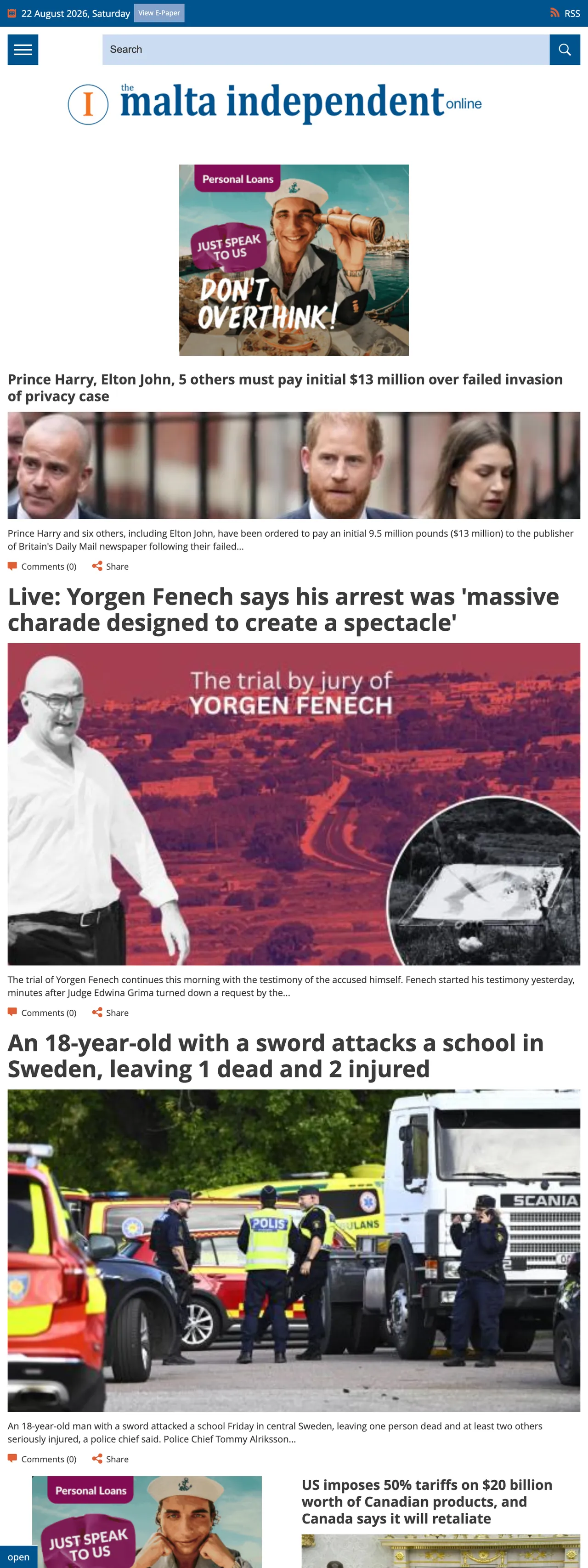 Screenshot of the The Malta Independent front page