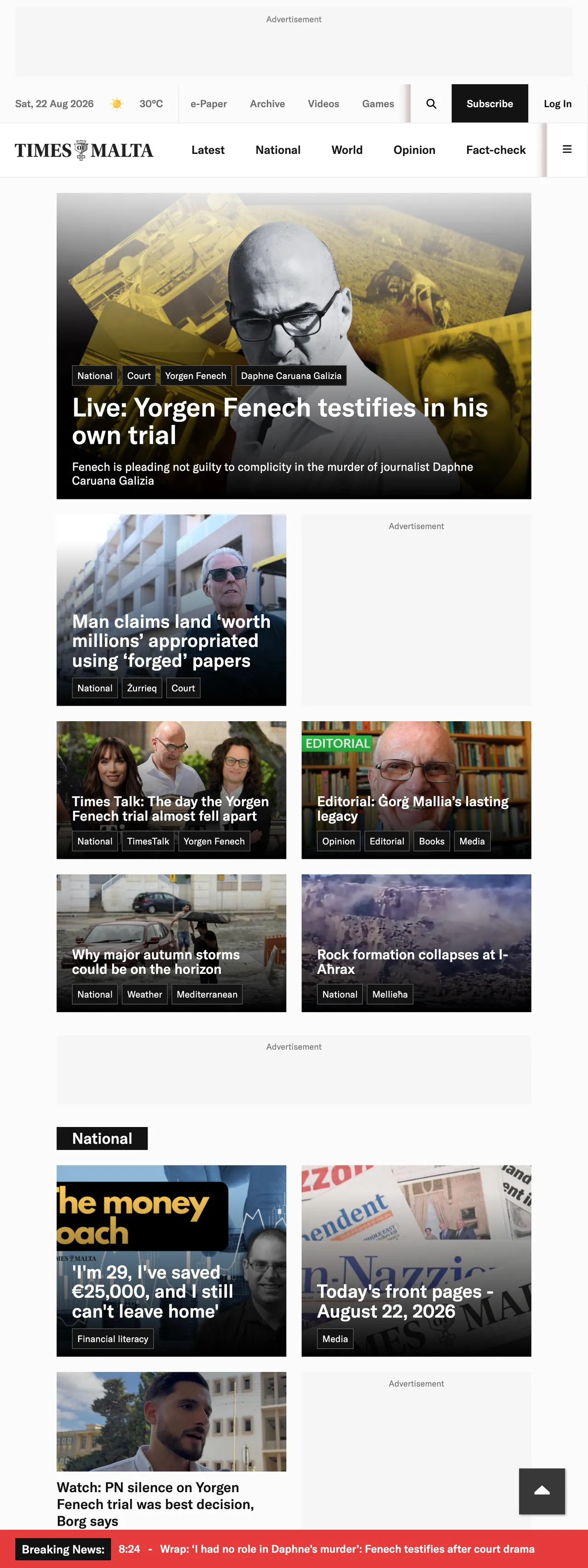Screenshot of the Times of Malta front page