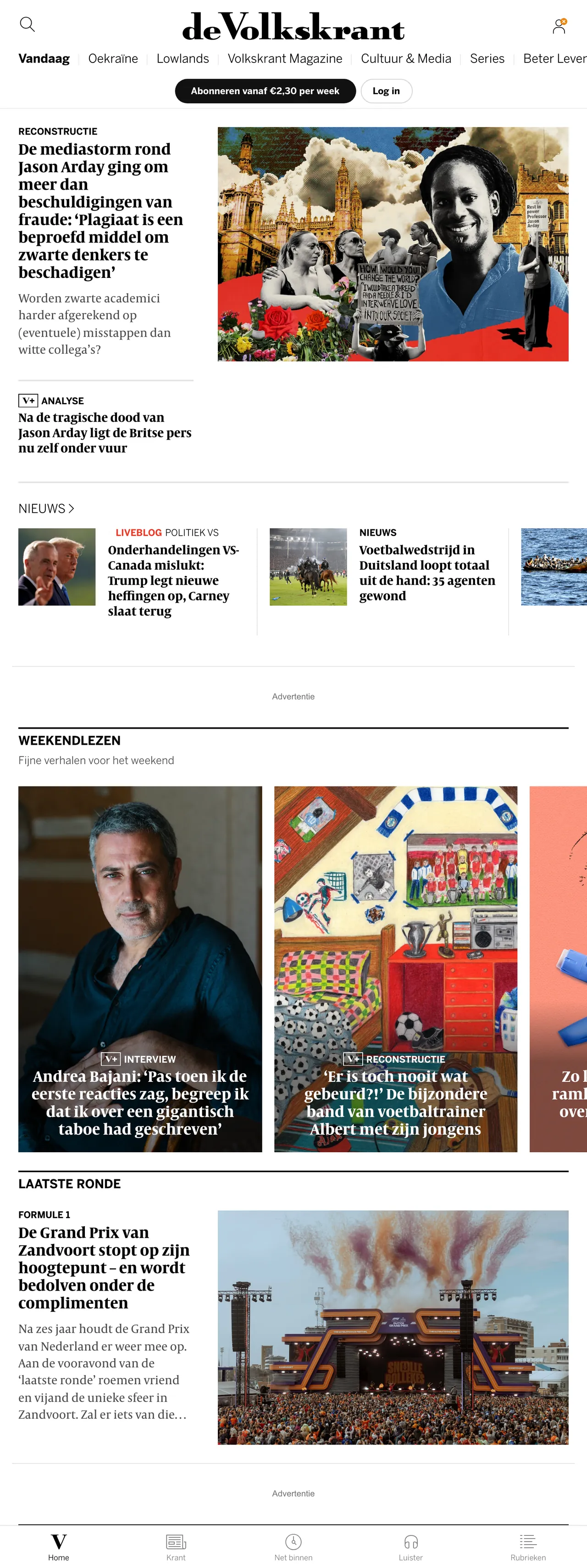 Screenshot of the de Volkskrant front page