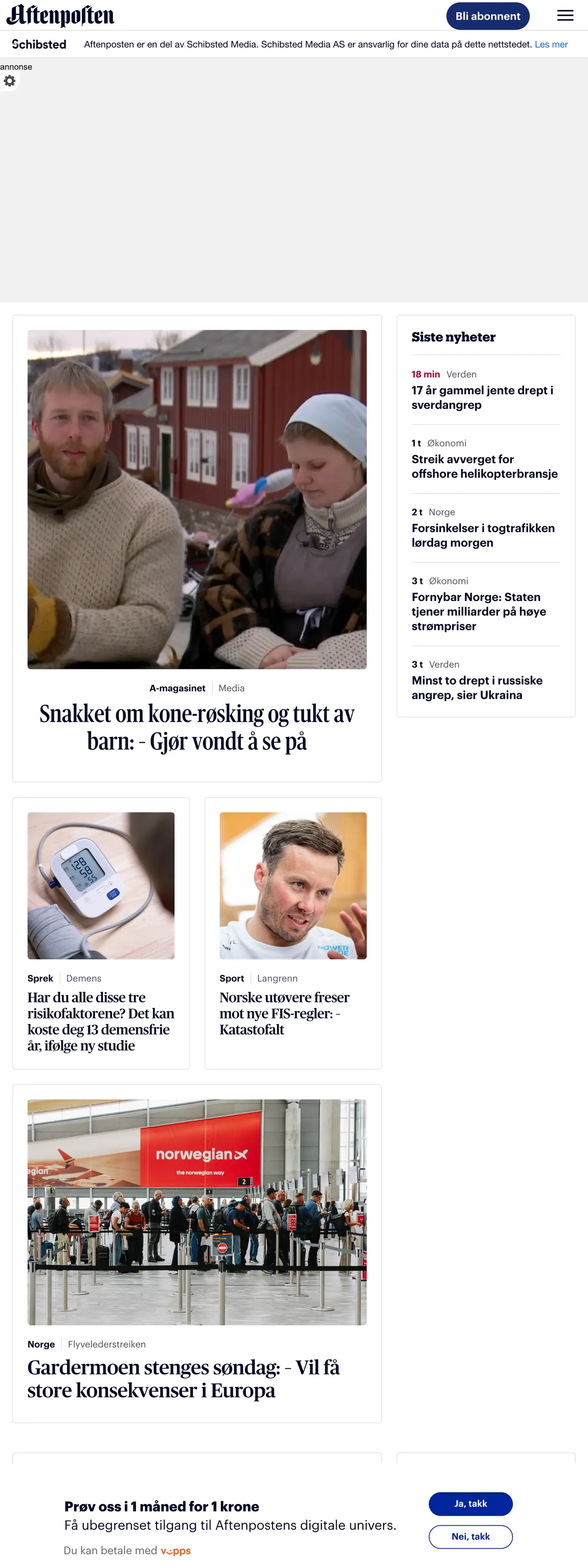 Screenshot of the Aftenposten front page