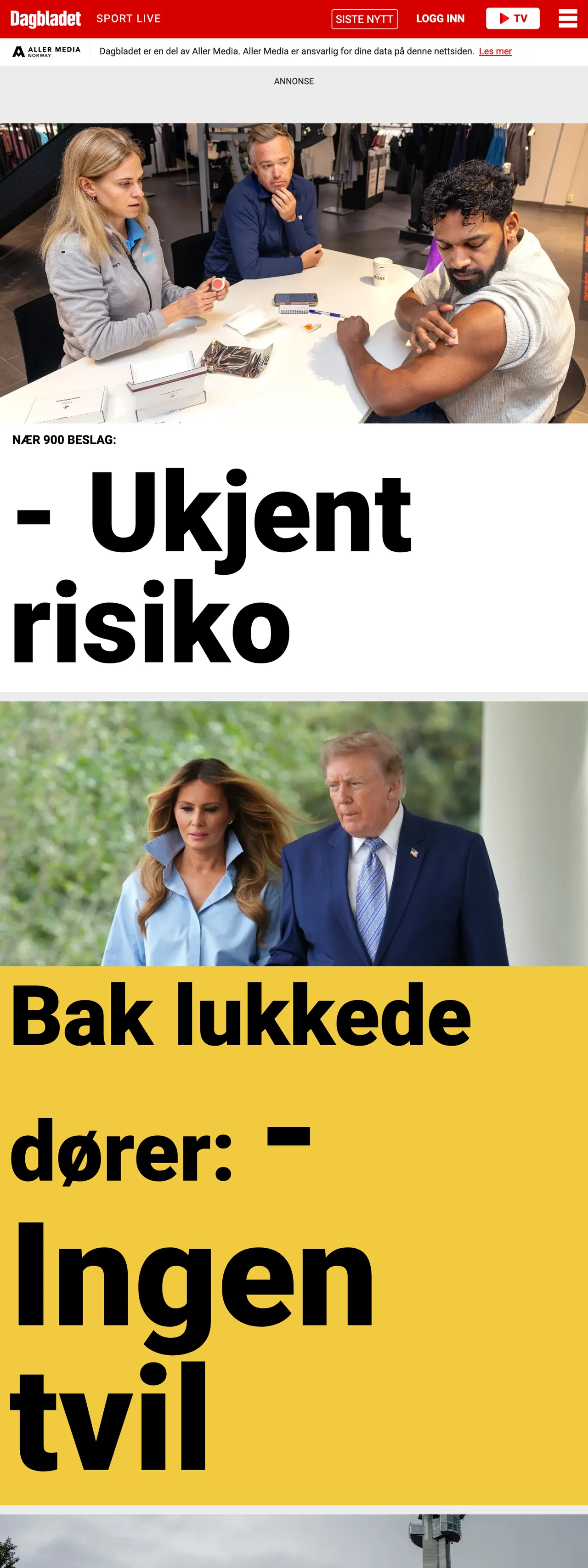 Screenshot of the Dagbladet front page
