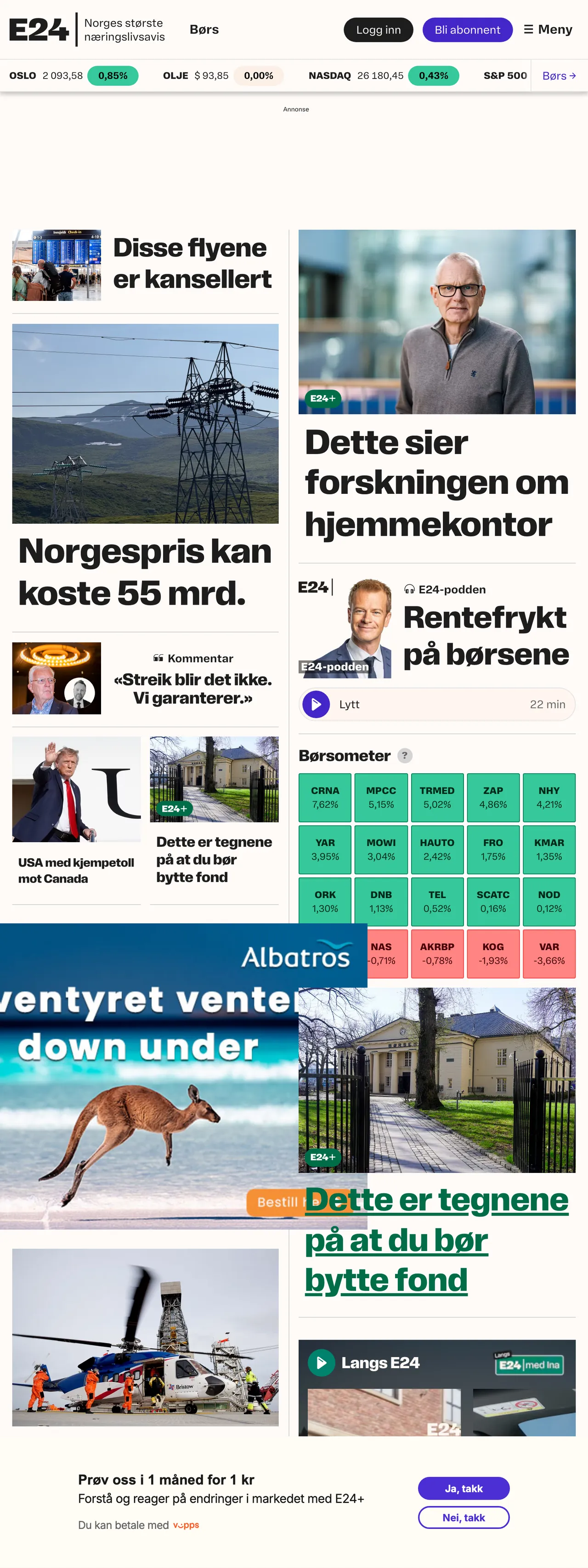 Screenshot of the E24 front page
