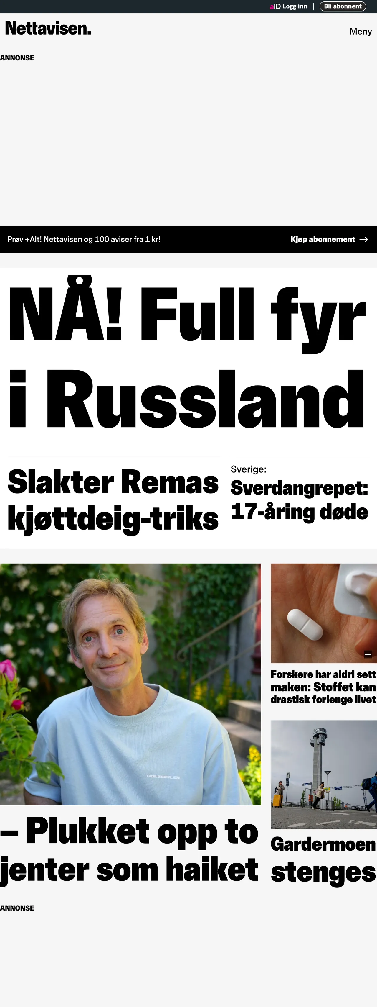 Screenshot of the Nettavisen front page