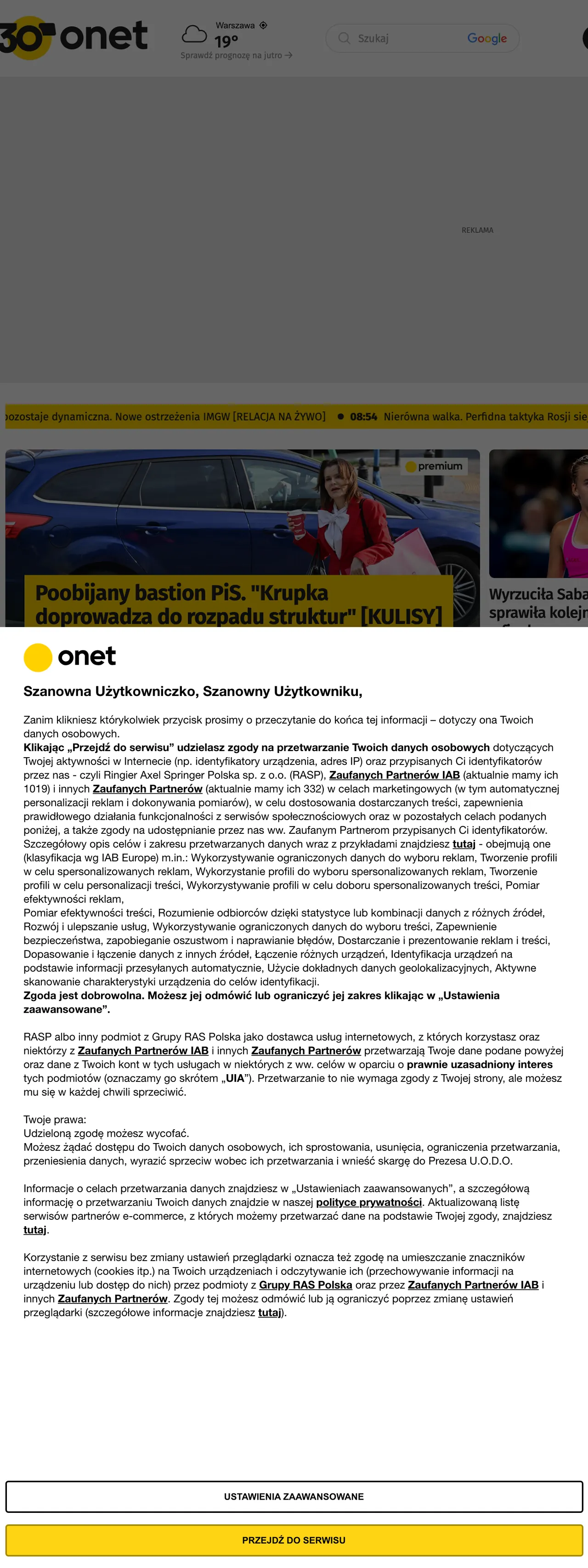 Screenshot of the Onet front page