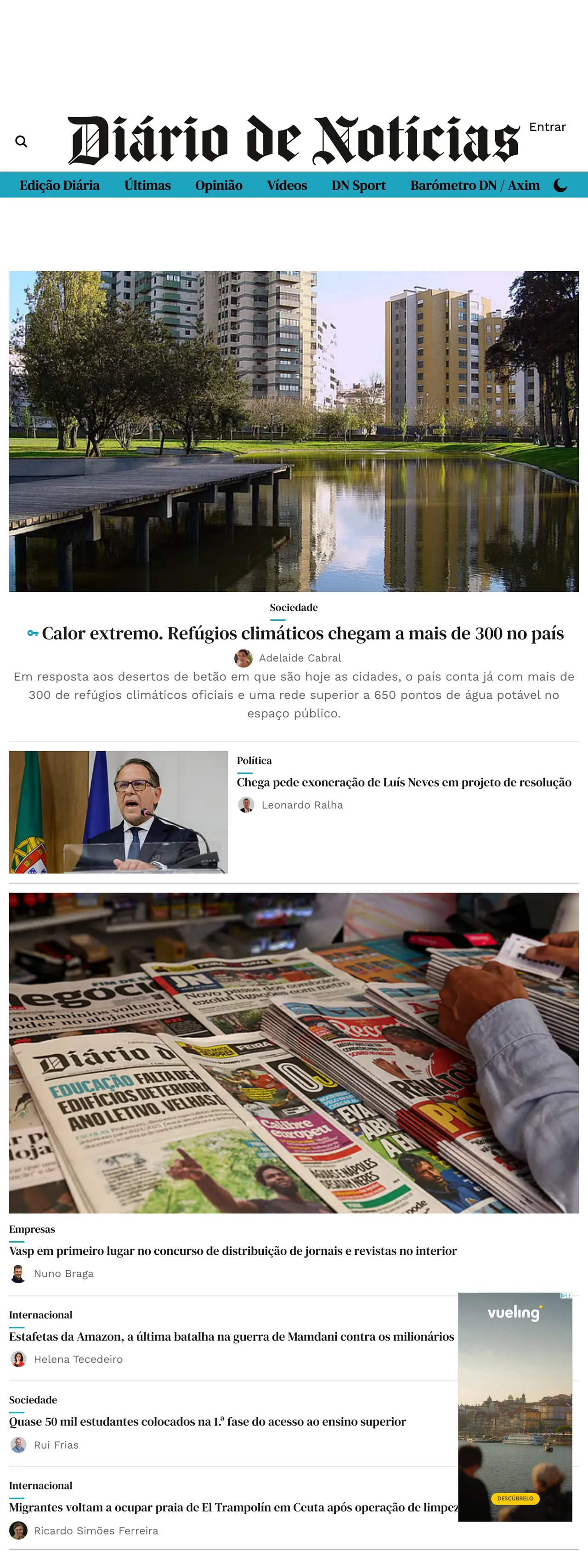Screenshot of the Diário de Notícias front page