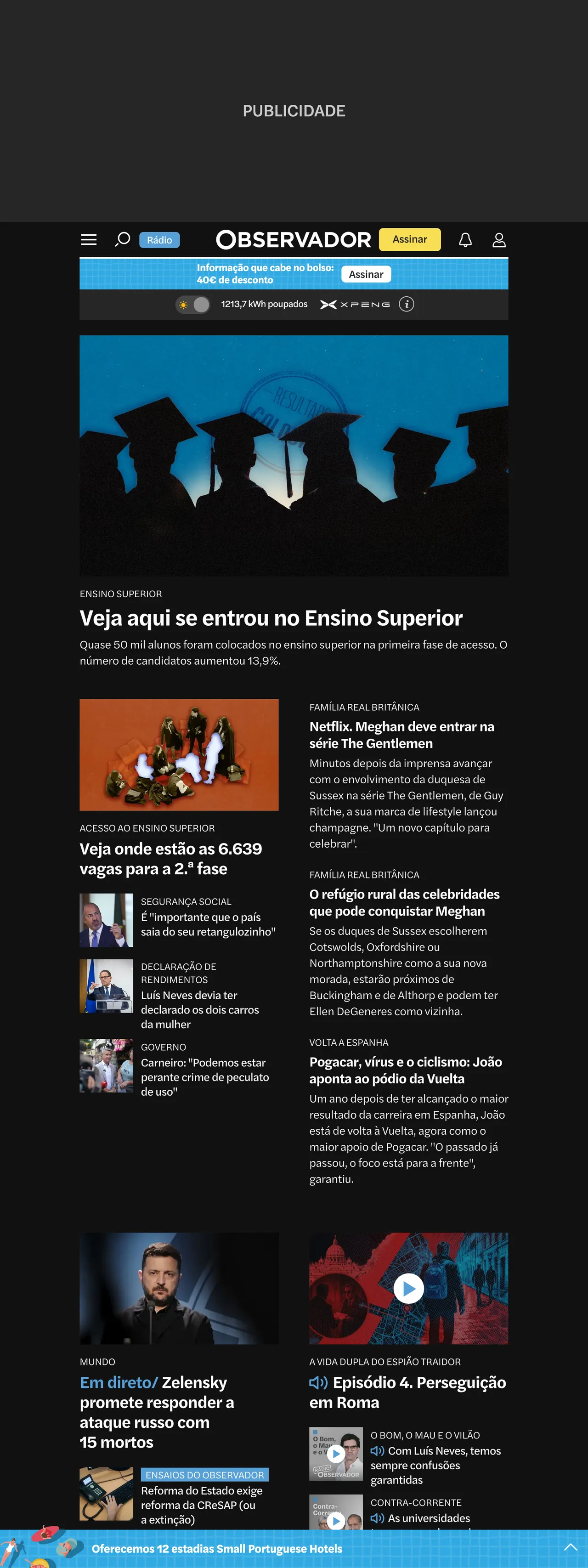 Screenshot of the Observador front page