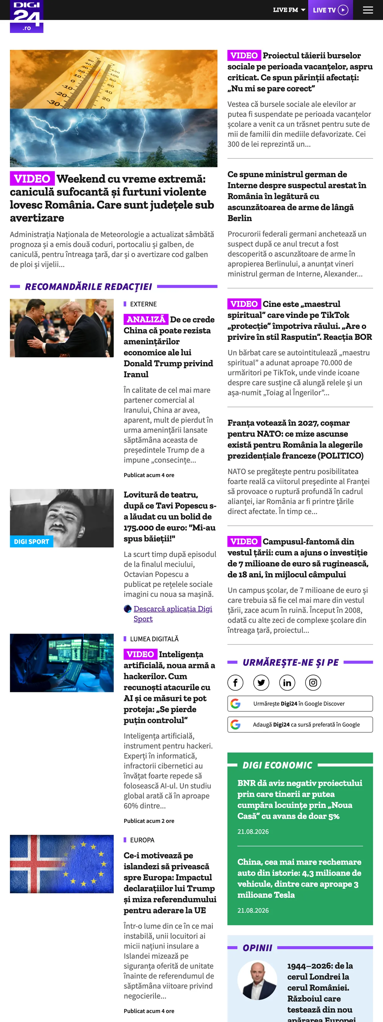 Screenshot of the Digi24 front page