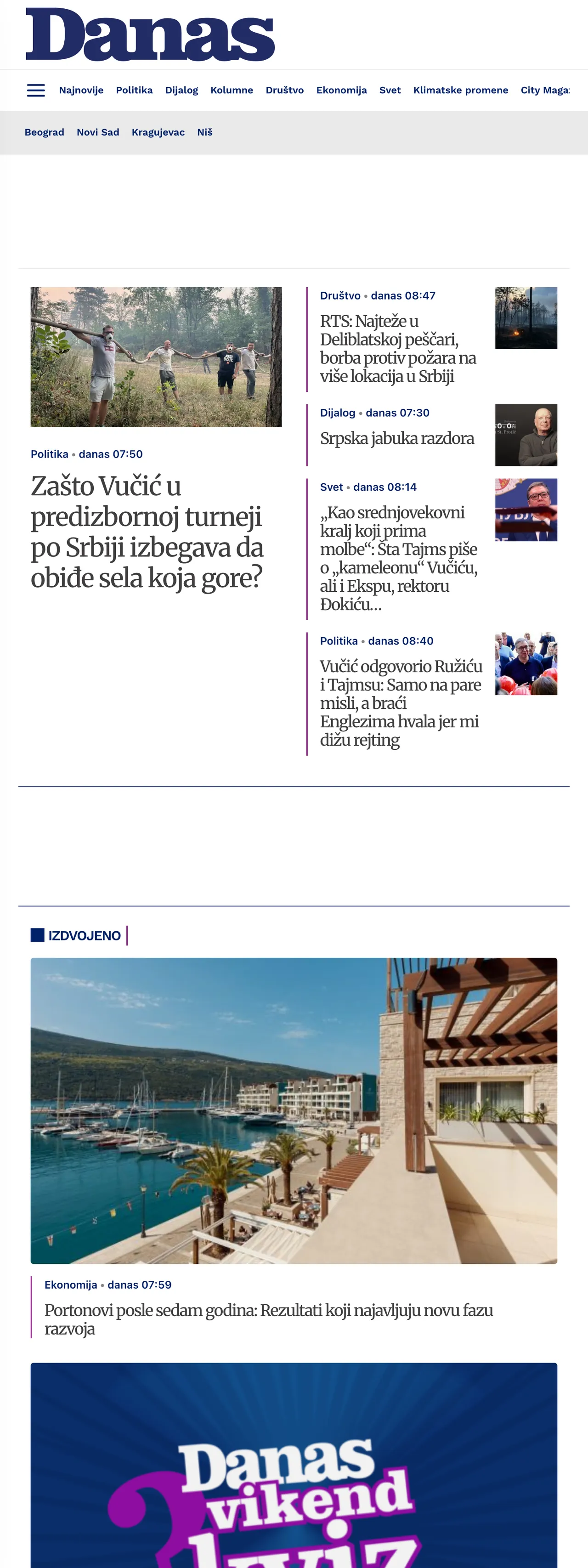 Screenshot of the Danas front page