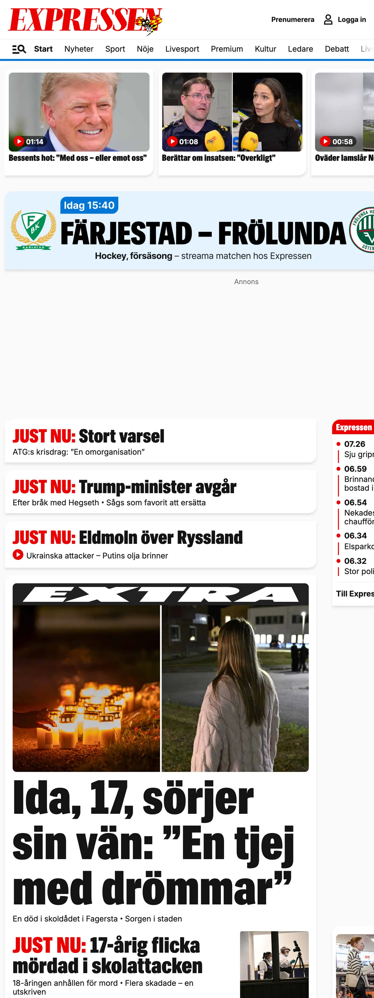 Screenshot of the Expressen front page
