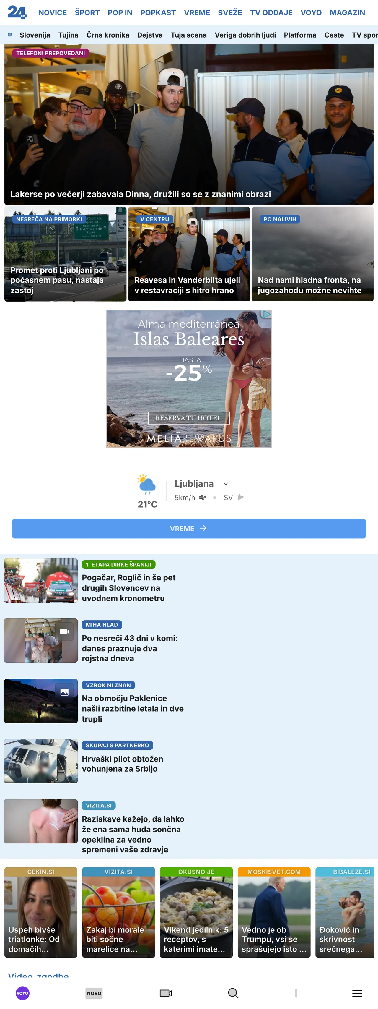 Screenshot of the 24ur front page