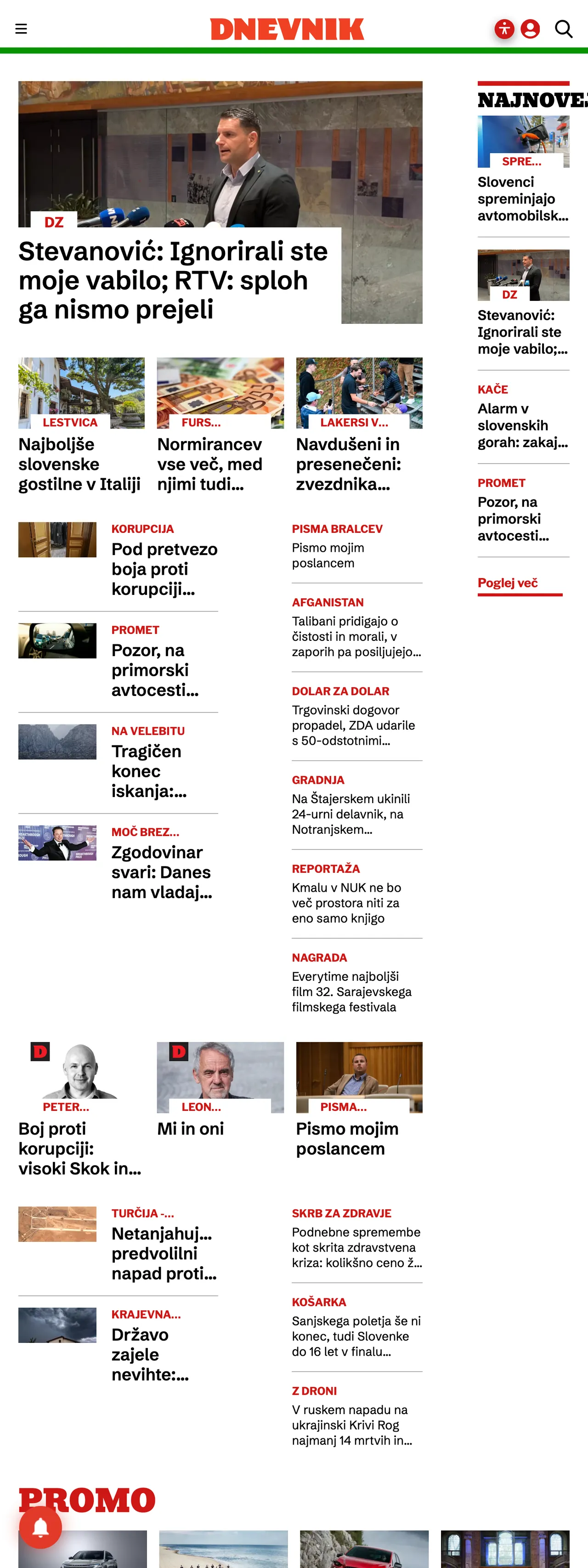 Screenshot of the Dnevnik front page