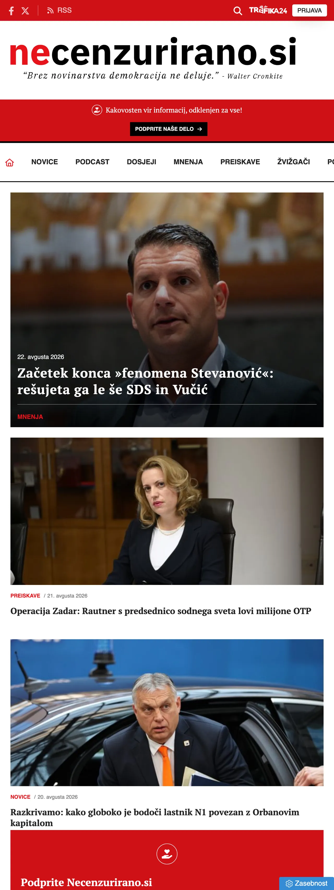 Screenshot of the Necenzurirano front page
