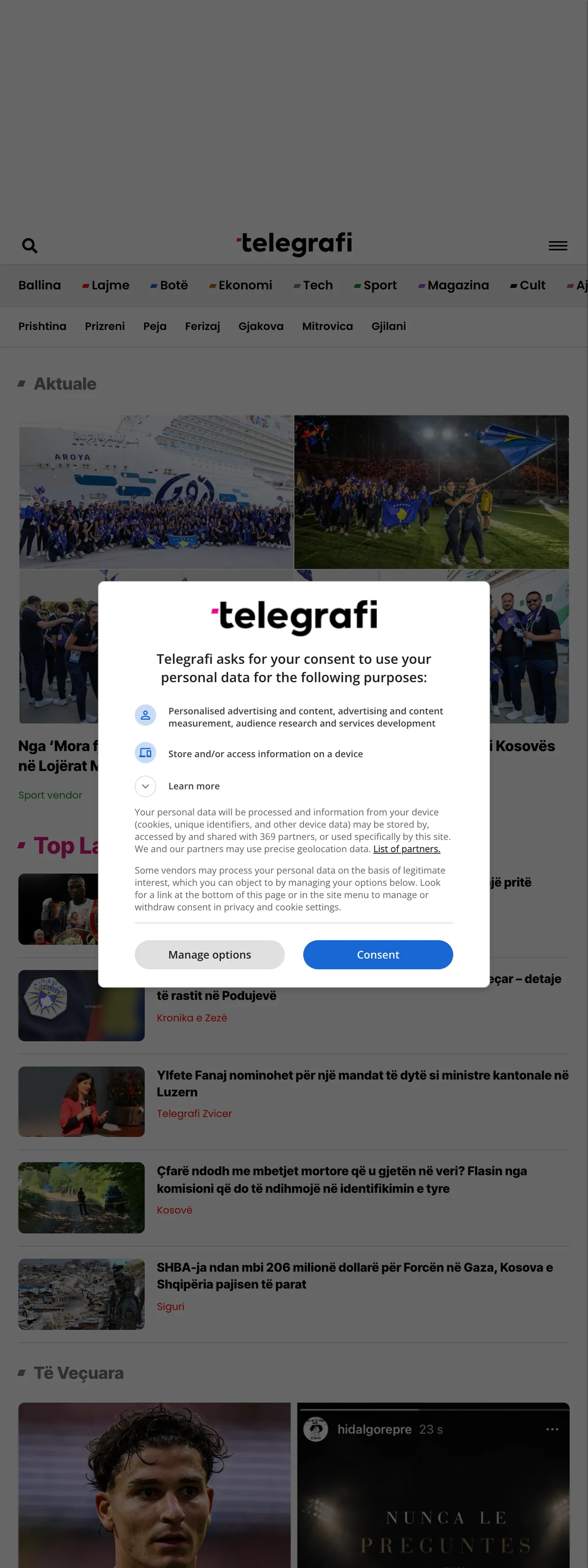 Screenshot of the Telegrafi front page