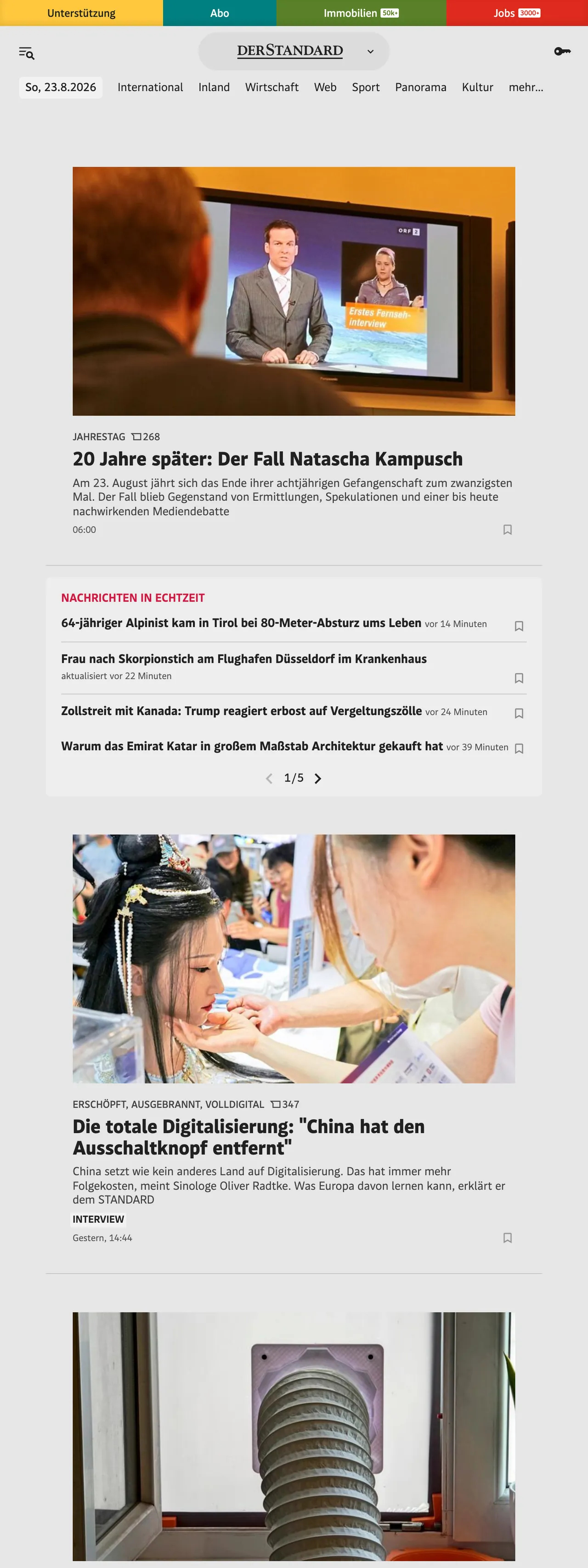 Screenshot of the DER STANDARD front page