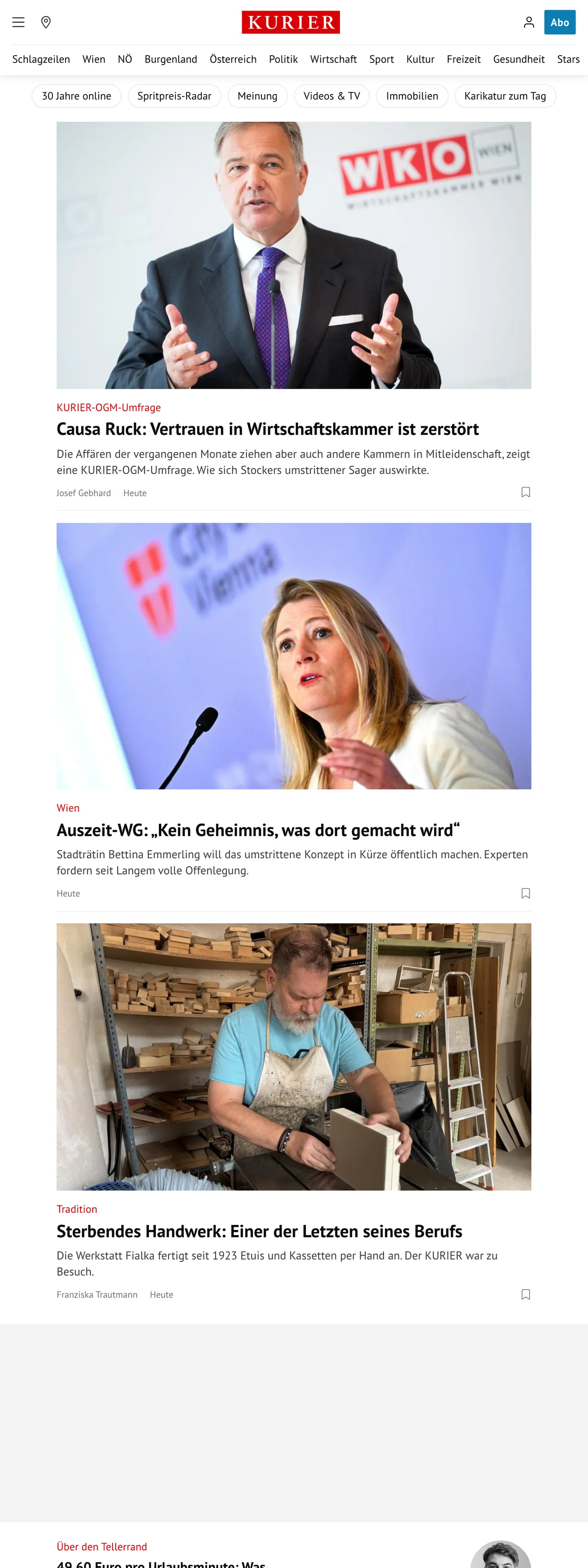Screenshot of the Kurier front page