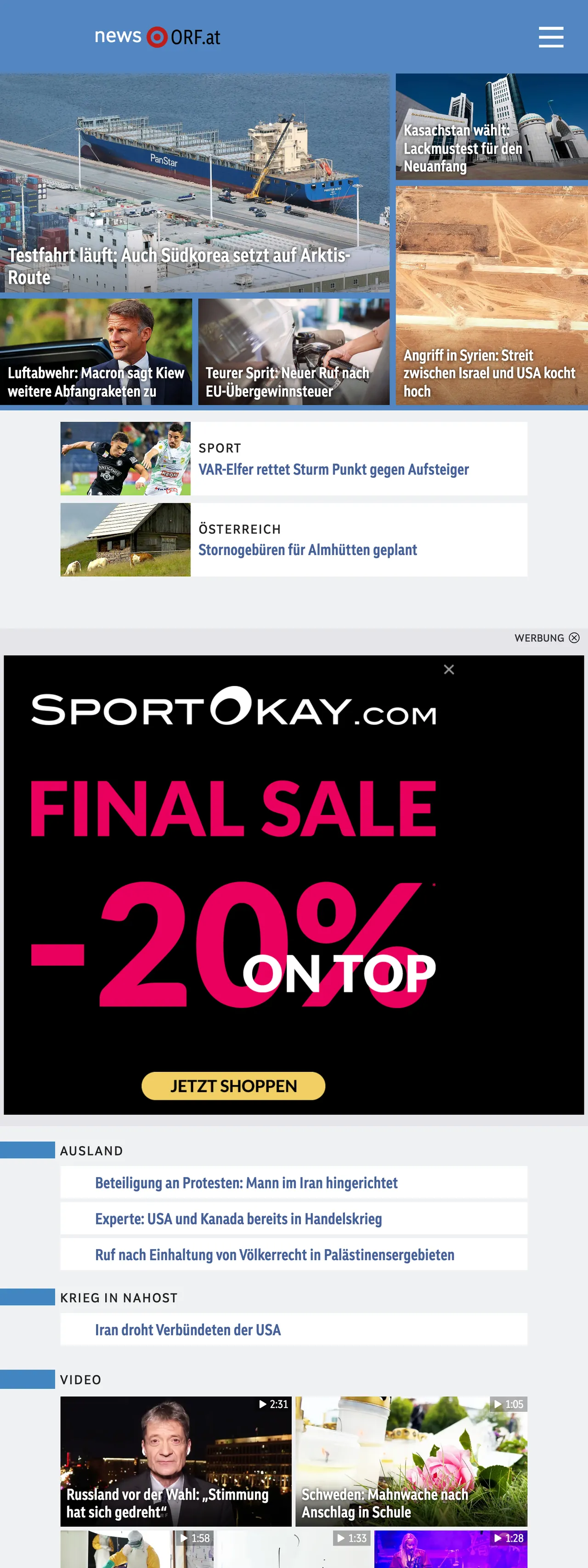 Screenshot of the ORF front page