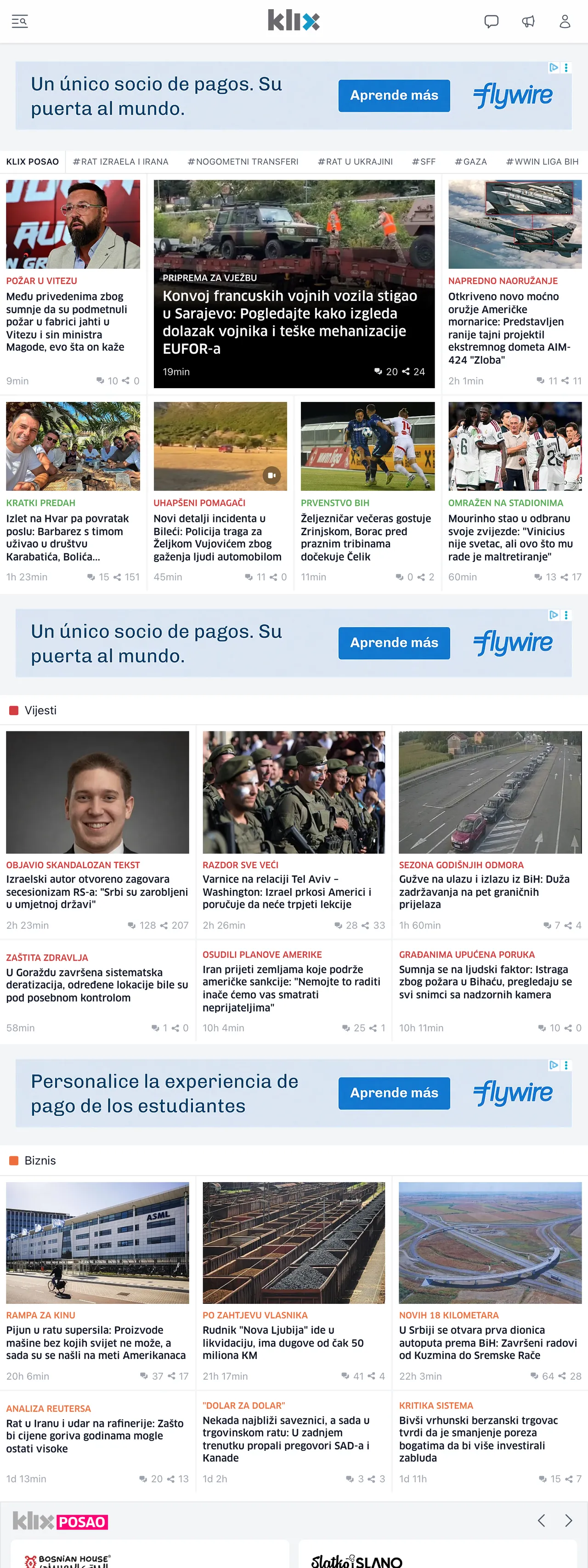Screenshot of the Klix.ba front page