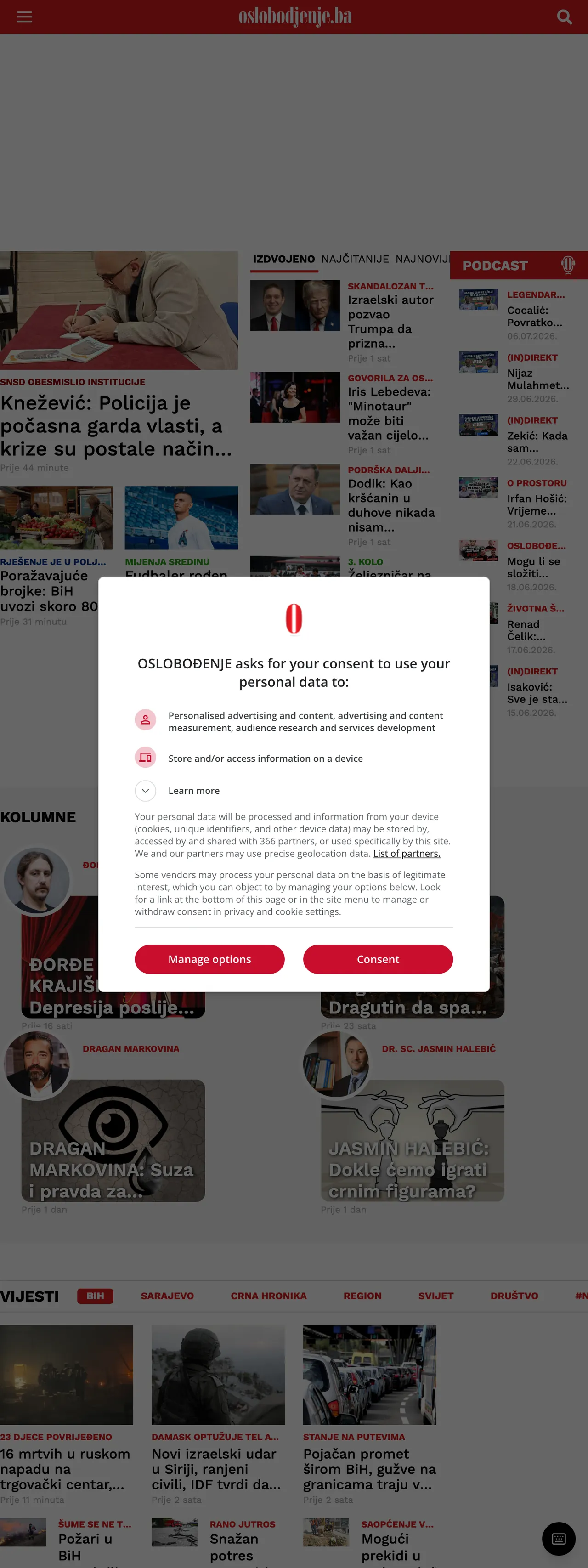 Screenshot of the Oslobođenje front page