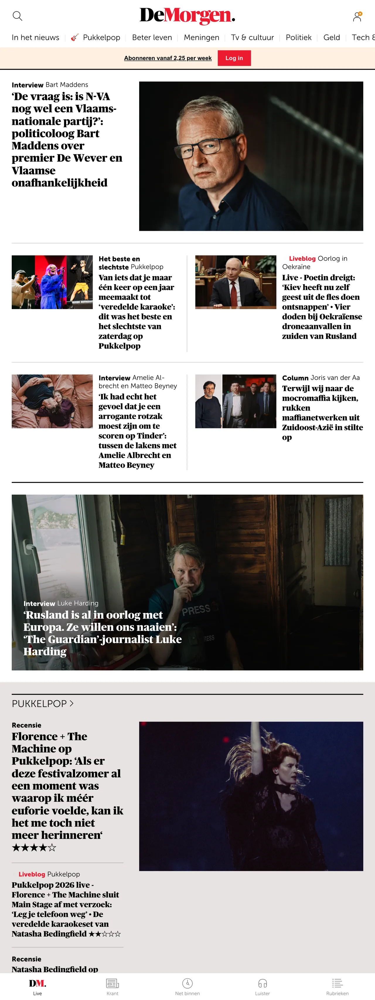 Screenshot of the De Morgen front page