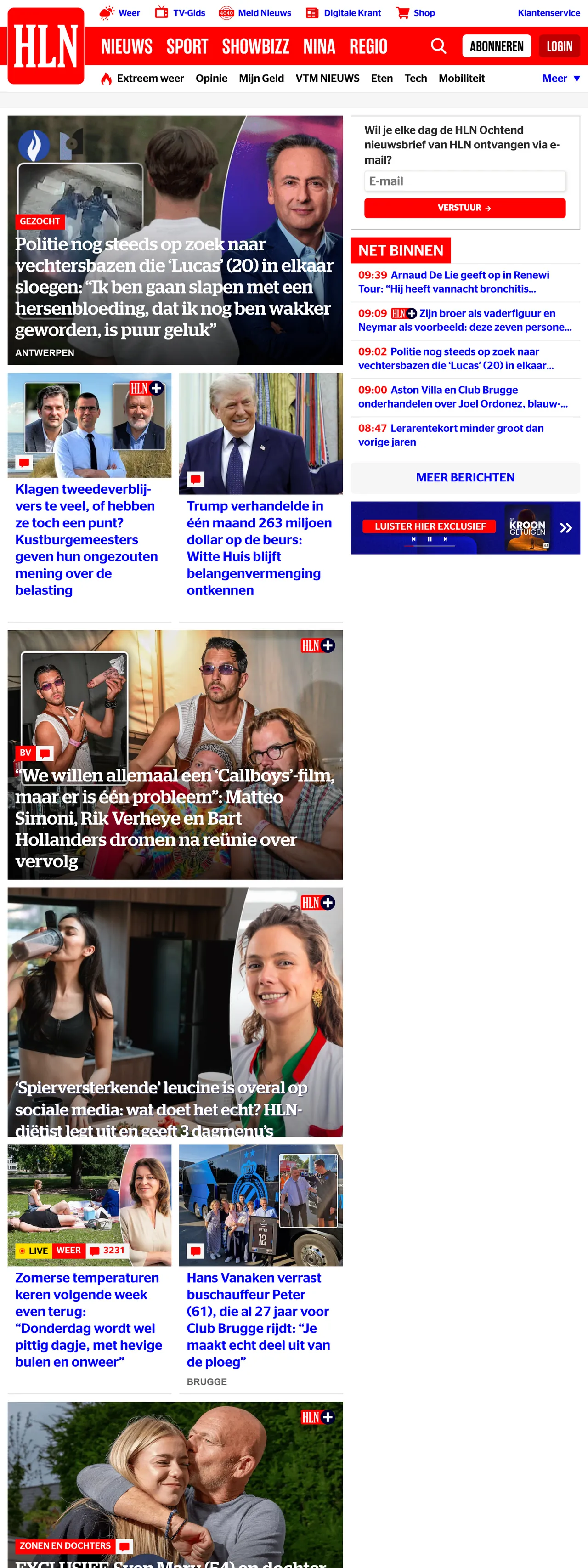 Screenshot of the HLN front page