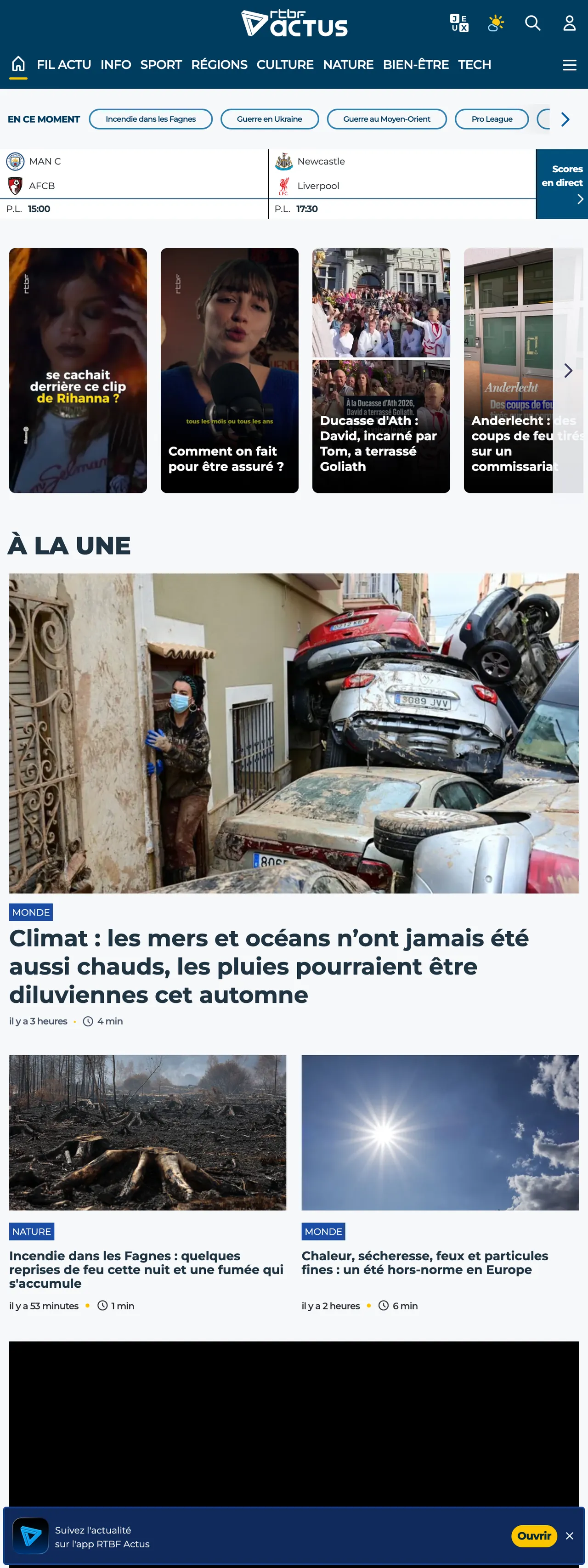Screenshot of the RTBF front page