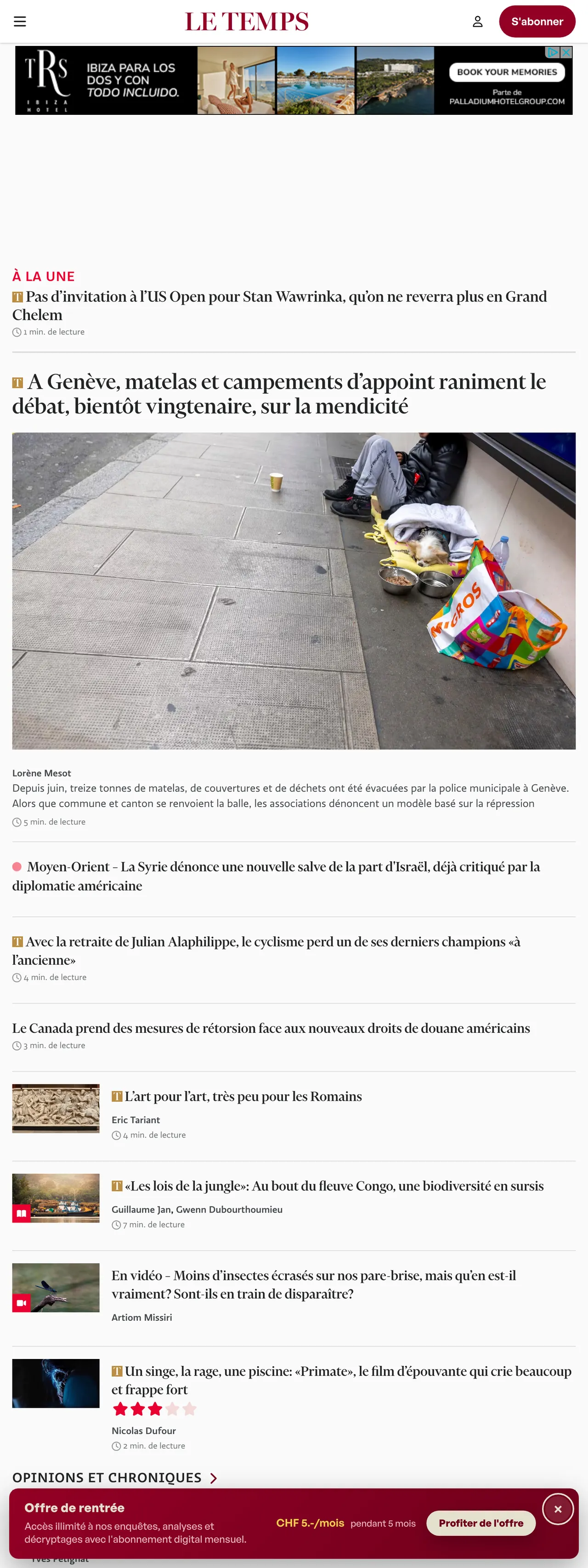 Screenshot of the Le Temps front page