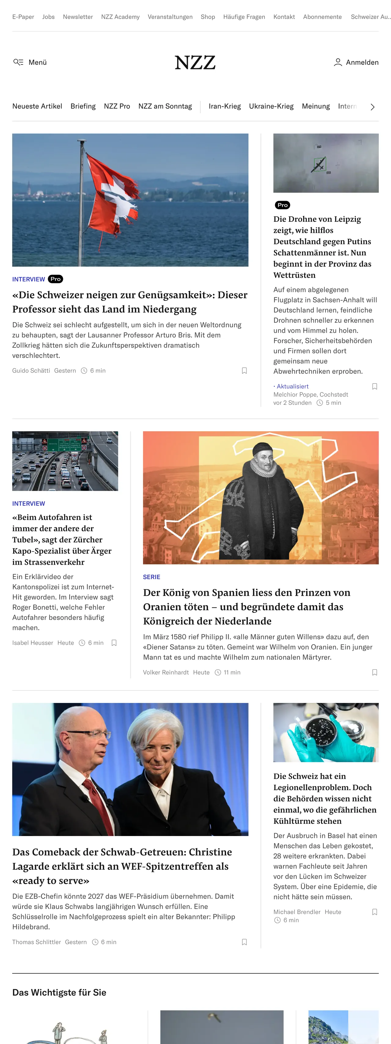 Screenshot of the Neue Zürcher Zeitung front page