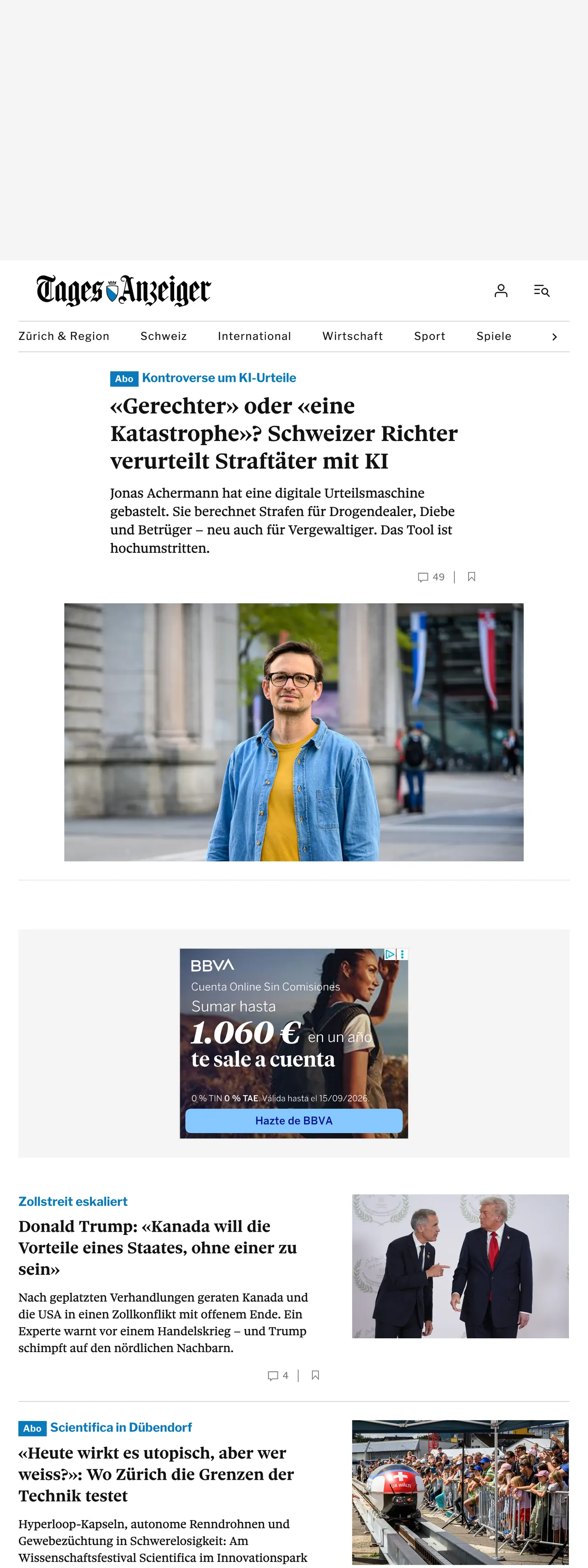 Screenshot of the Tages-Anzeiger front page