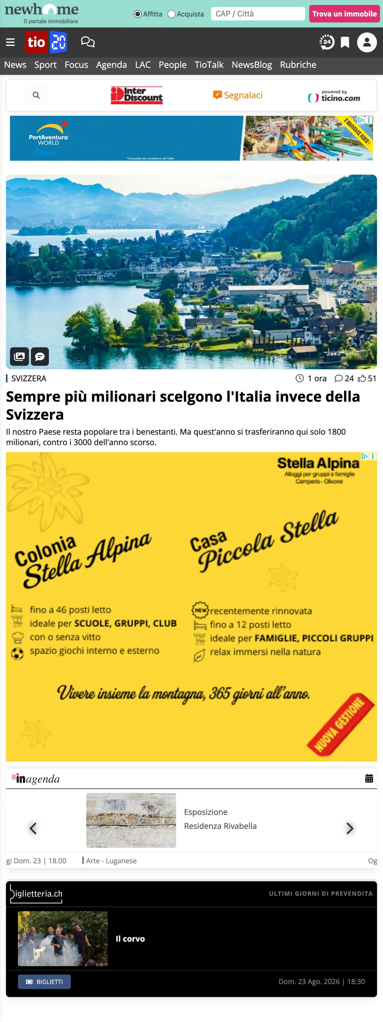 Screenshot of the Ticinonline front page