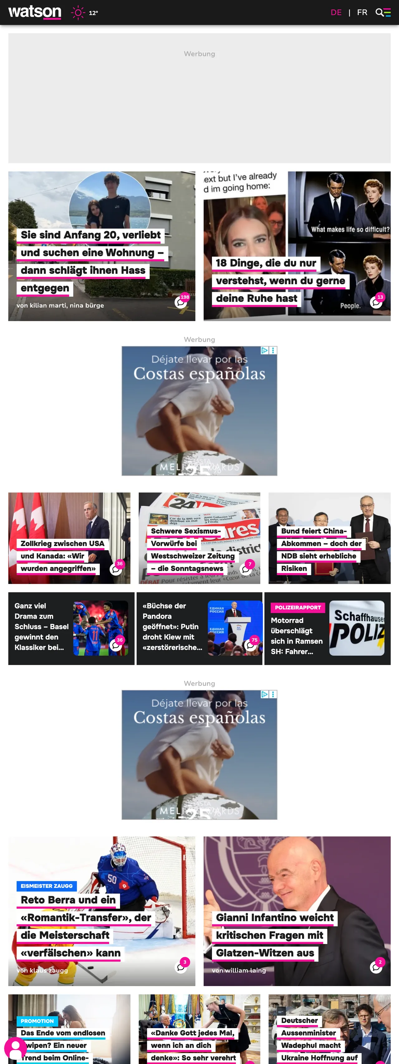 Screenshot of the watson front page